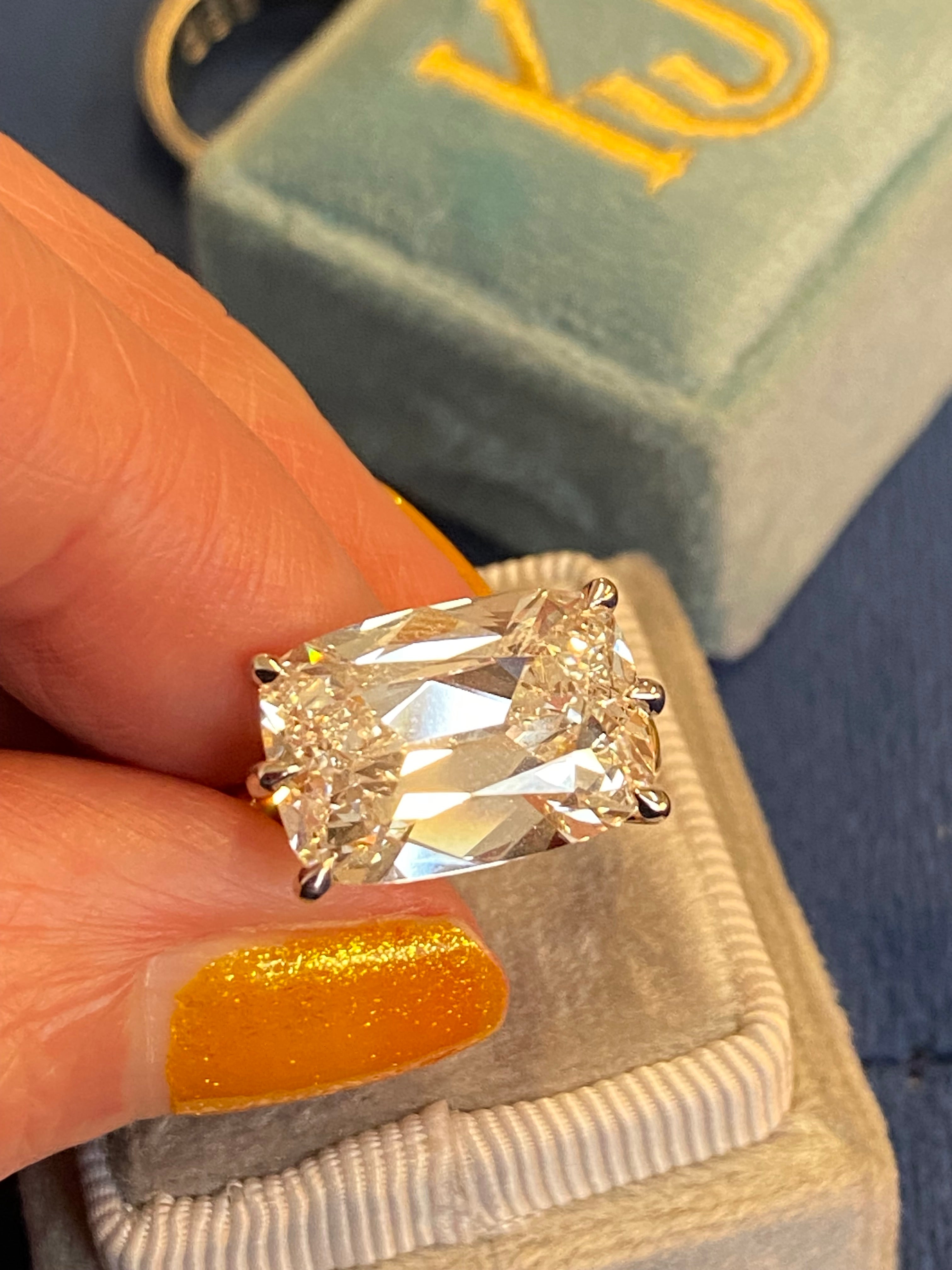 8.09 Carat Old Mine Cut Lab Diamond East West Solitaire Engagement Ring in 18ct Yellow Gold and Platinum