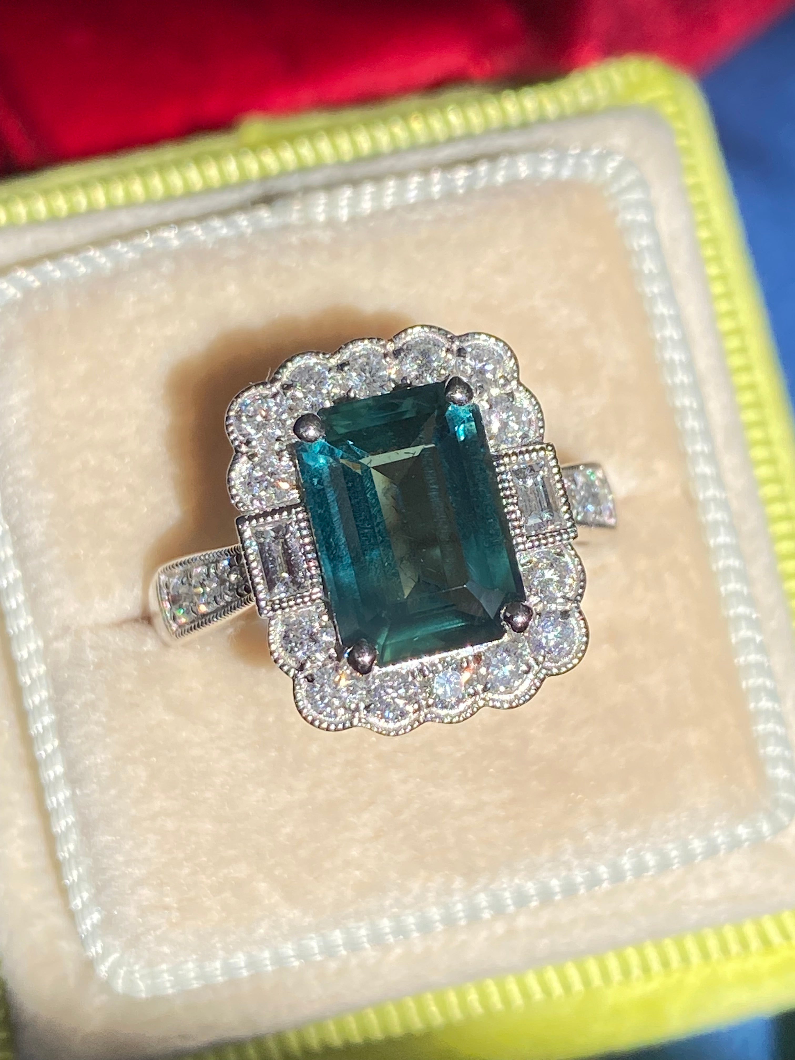 3.73 Carat Teal Sapphire and Natural Diamond Ring in Platinum