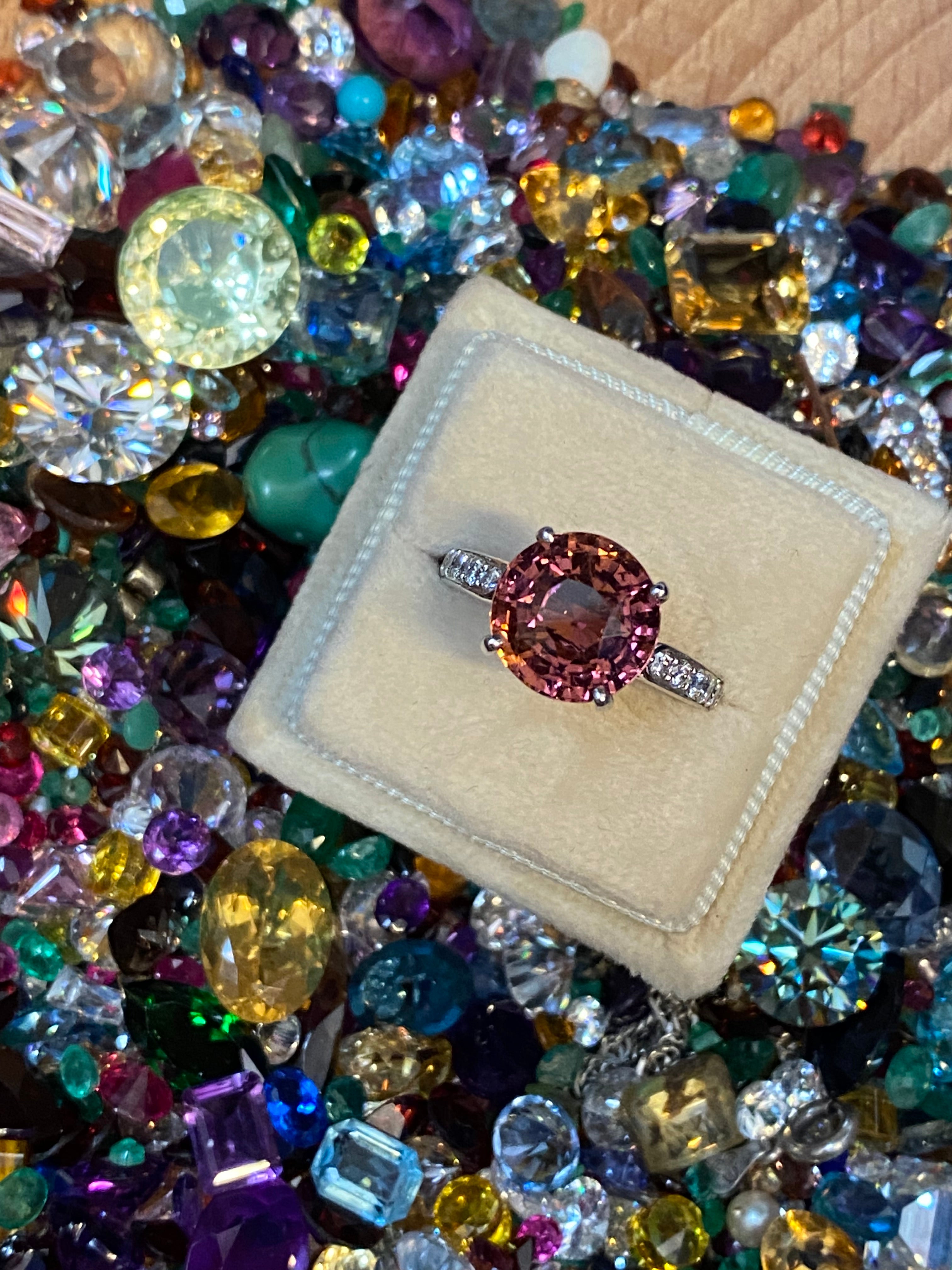 5.09 Carat Round Cut Pink Tourmaline and Natural Diamond Engagement Ring in Platinum