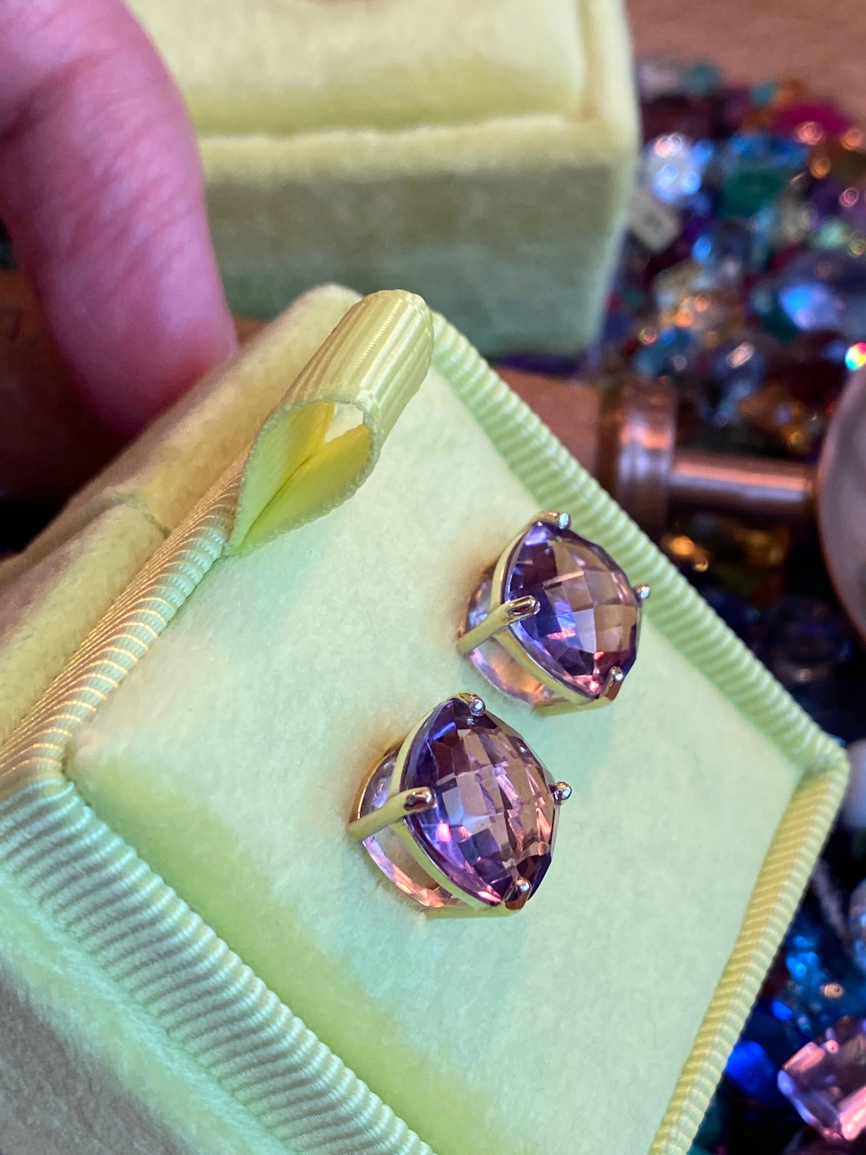 Cushion Chequerboard Cut Rose De France Amethyst Stud Earrings in 9ct Yellow Gold