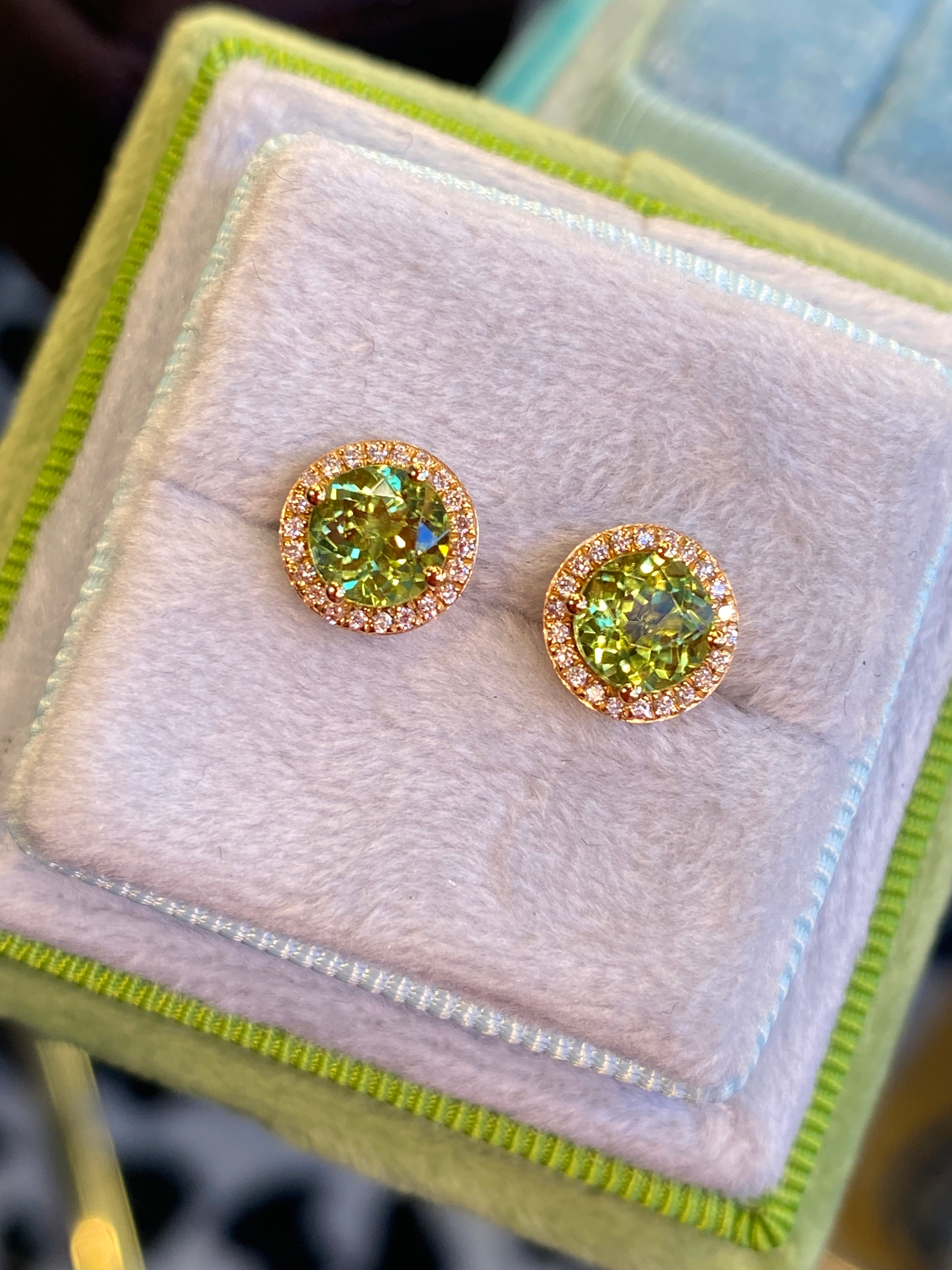 Peridot and Diamond Halo Stud Earrings in 18ct Yellow Gold