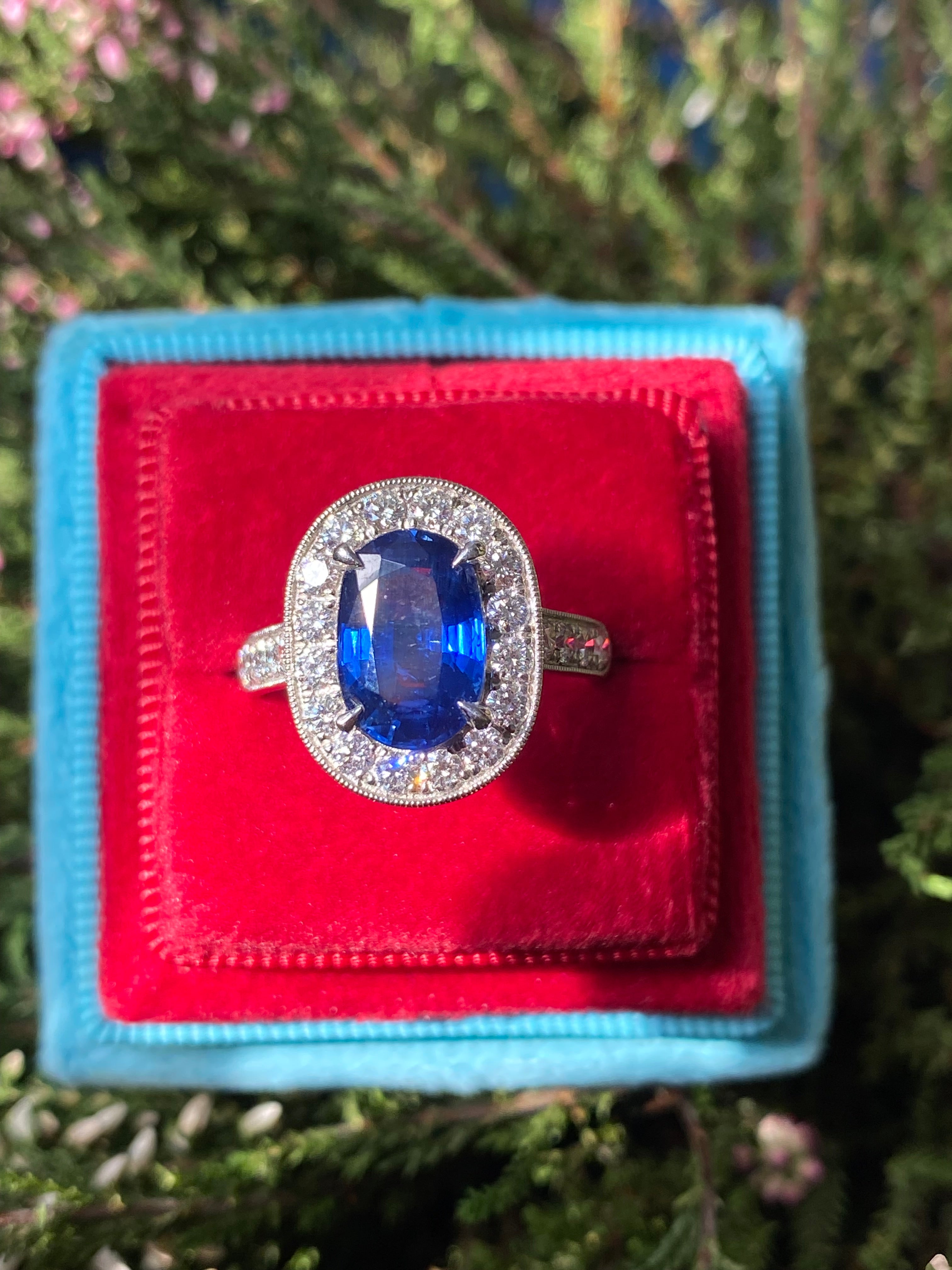 3.61 Carat Blue Ceylon Sapphire and Natural Diamond Halo Ring in Platinum