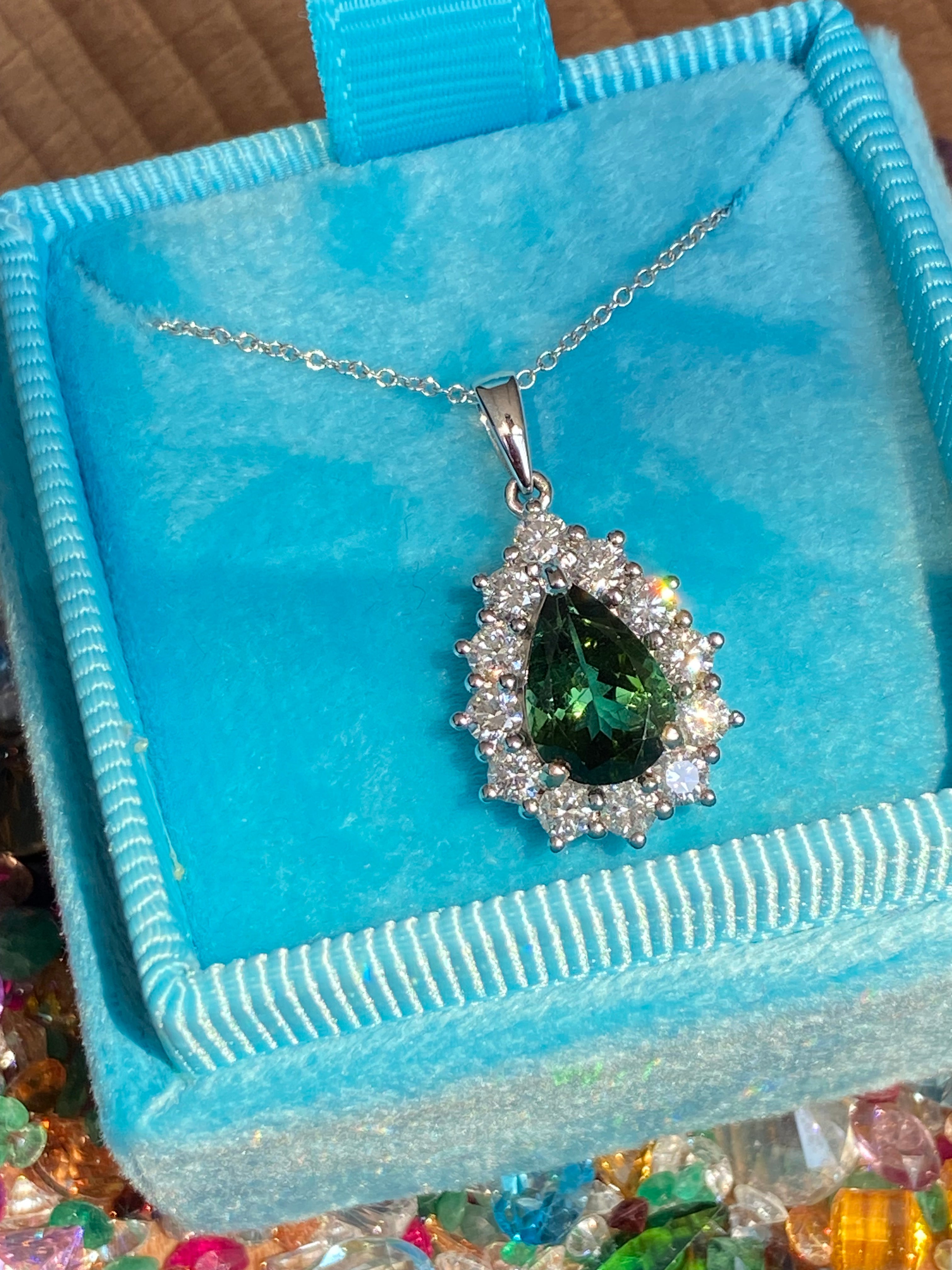 2.61 CTW Green Tourmaline and Natural Diamond Pendant Necklace in 18ct White Gold