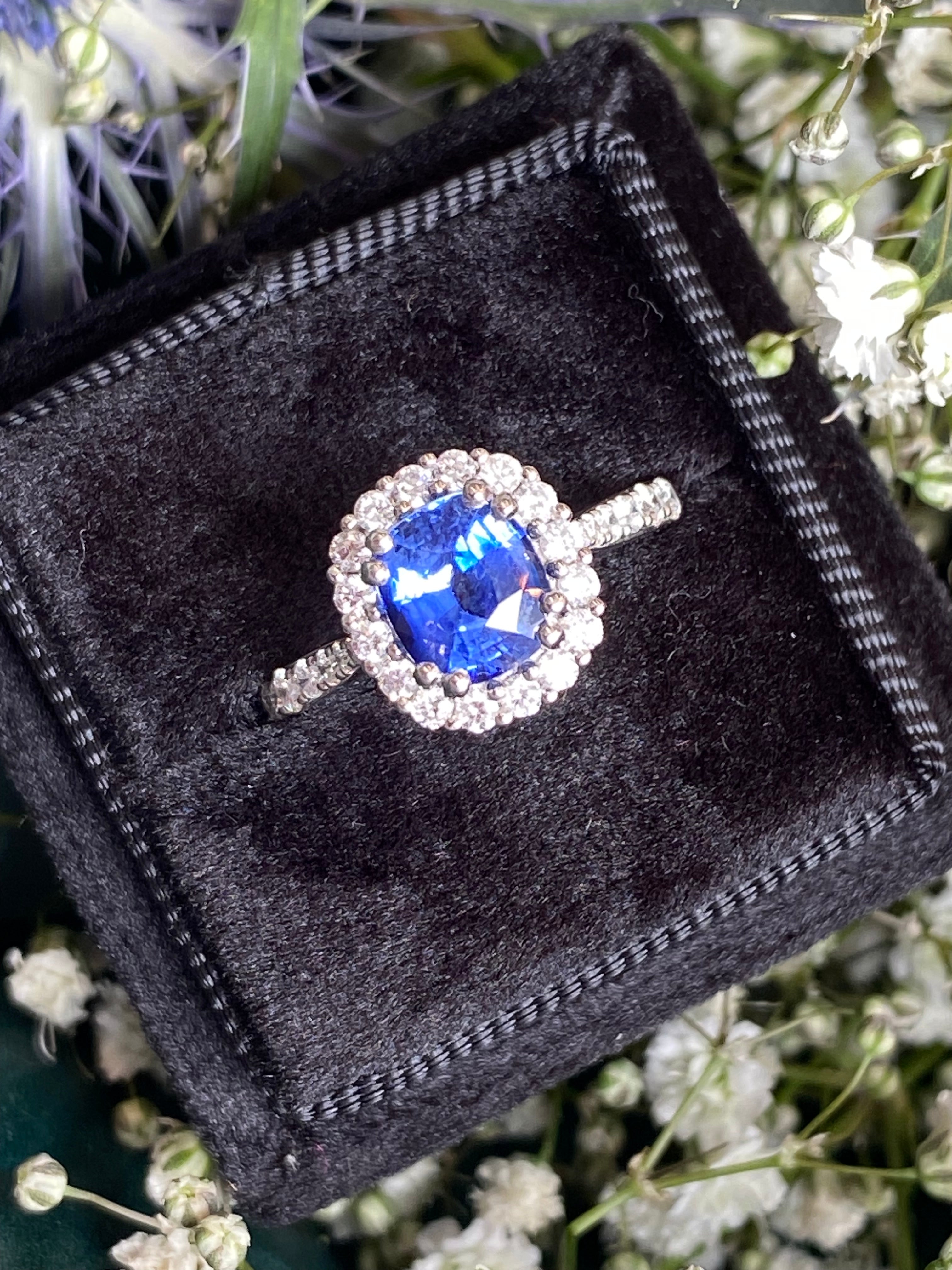 2.17 CTW Blue Ceylon Sapphire and Natural Diamond Three Stone Engagement Ring in Platinum
