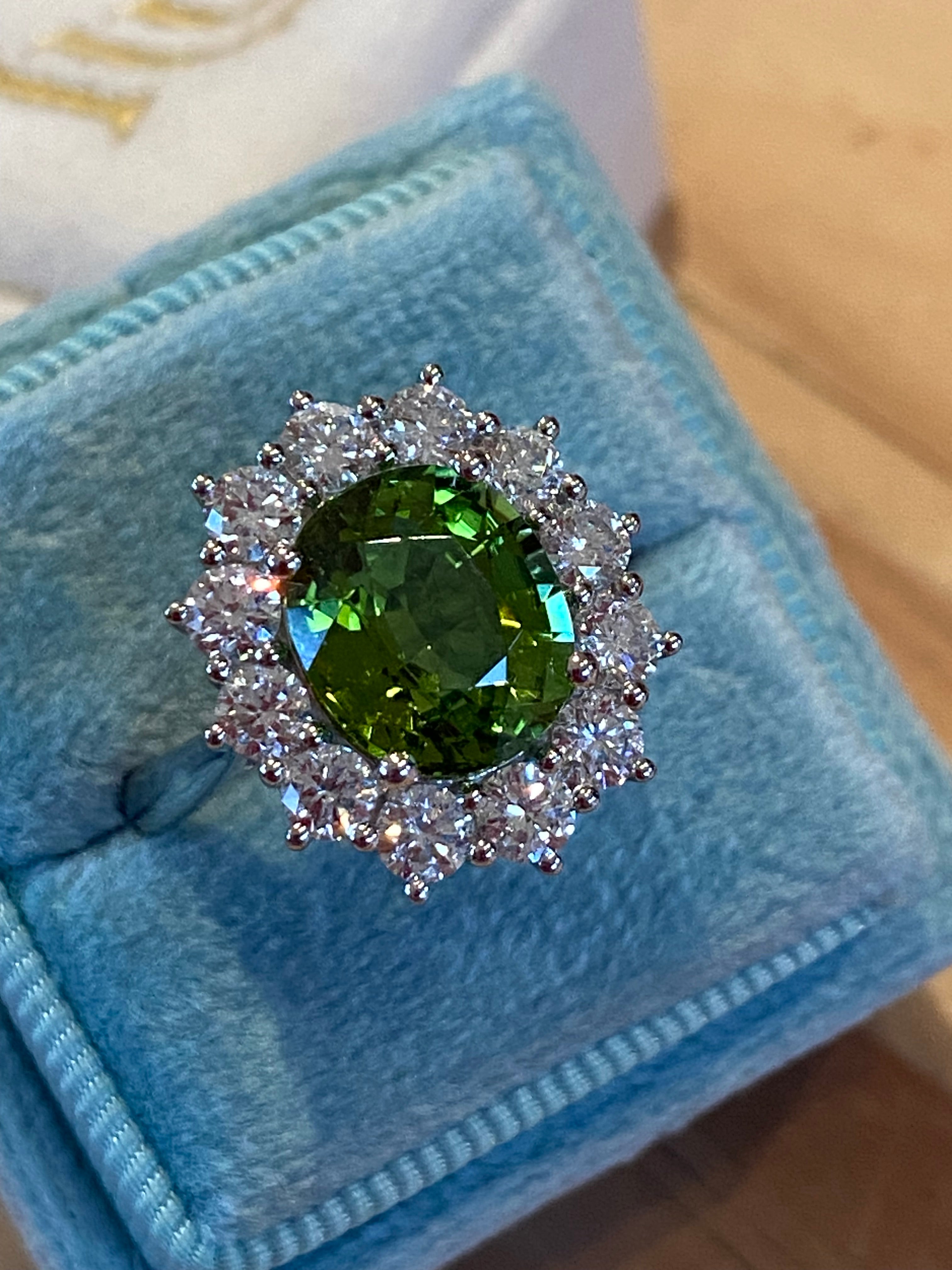 4.99 CTW Green Tourmaline and Natural Diamond Halo Ring in Platinum