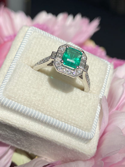 0.87 Carat Colombian Emerald and 0.46 ctw Natural Diamond Ring in Platinum