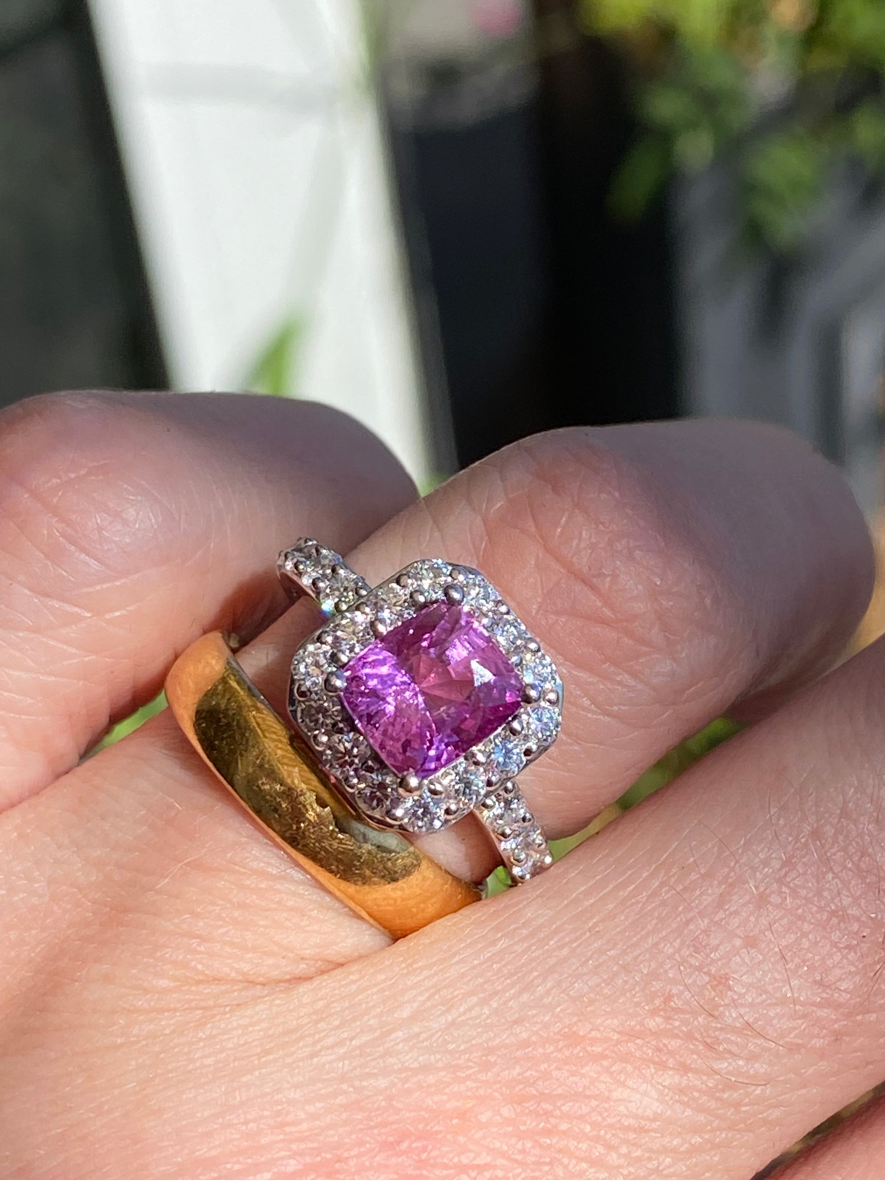 3.08 CTW Cushion Cut Pink Sapphire and Natural Diamond Art Deco Style Ring in Platinum