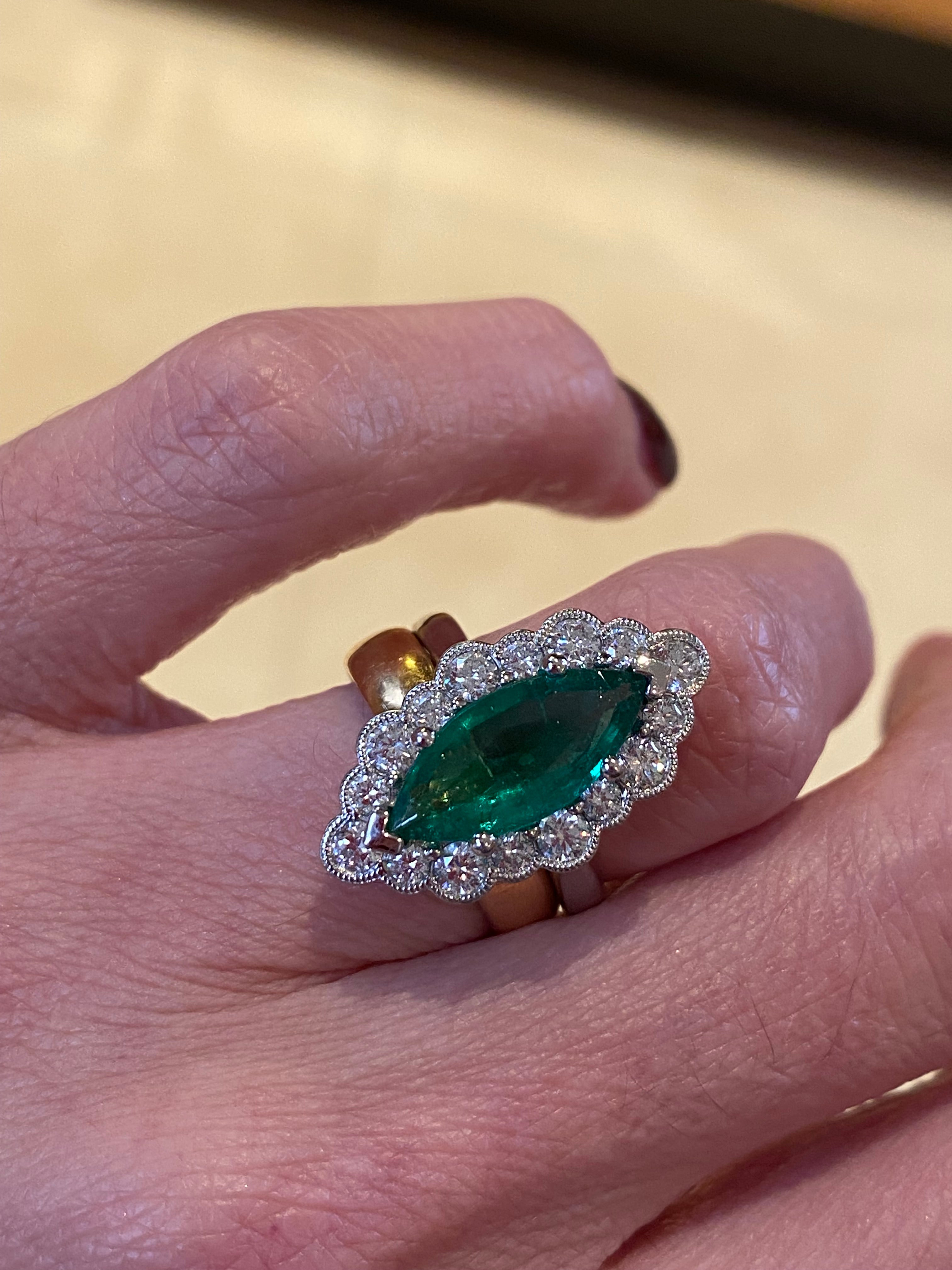 3.47 CTW Marquise Cut Emerald and Natural Diamond Halo Ring in Platinum