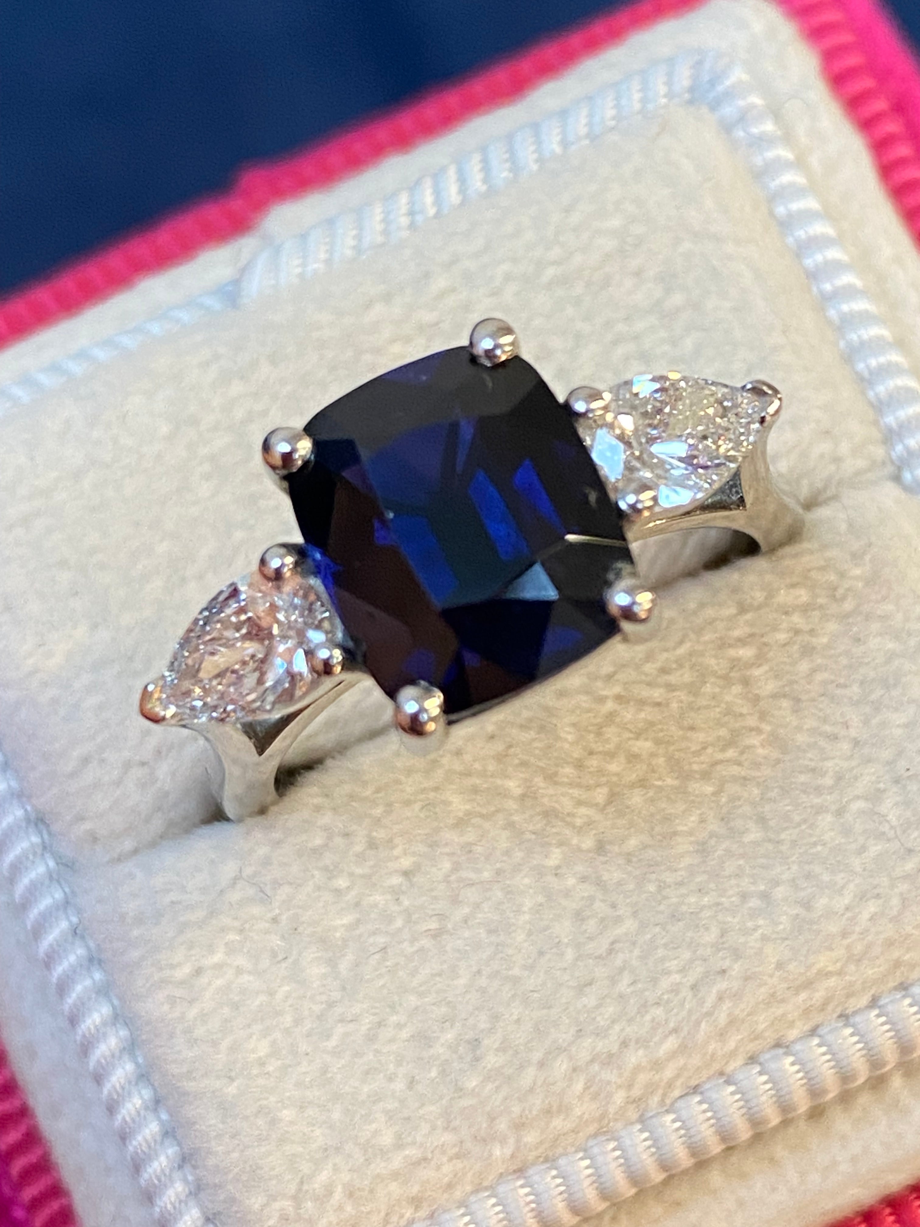 4.04 CTW Deep Blue Ceylon Sapphire and Natural Diamond Three Stone Engagement Ring in Platinum