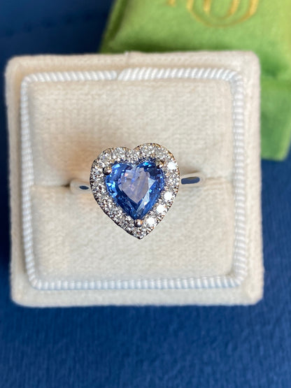 2.06 Carat Heart Shape Ceylon Sapphire and Natural Diamond Halo Ring in Platinum