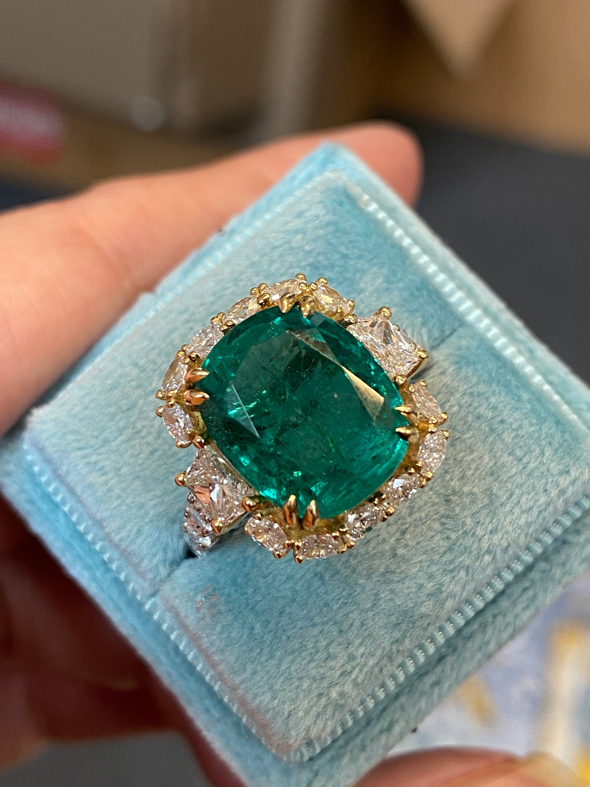 8.75 Carat Cushion Cut Zambian Emerald and 2.53 CTW Natural Diamond Halo Ring in Platinum and 18ct Yellow Gold