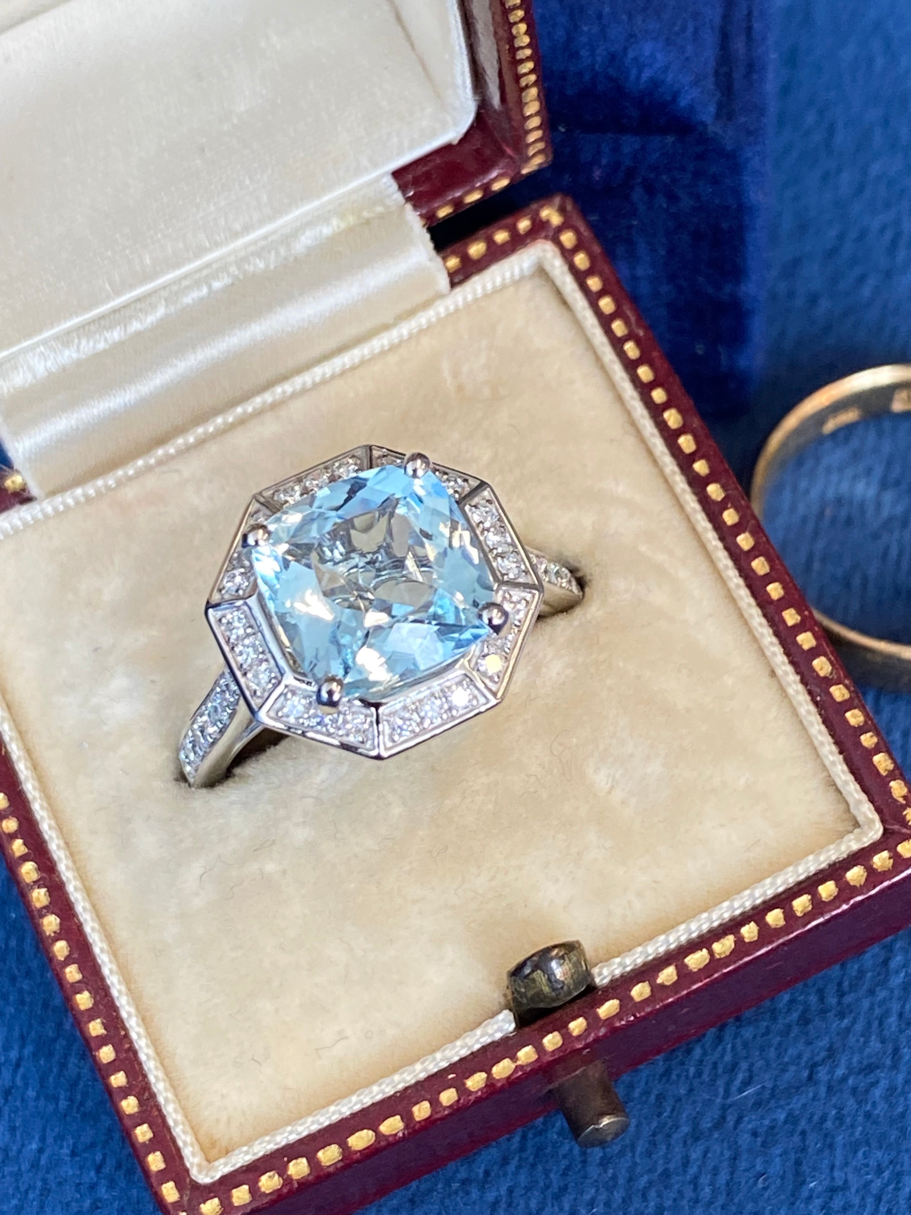 3.03 CTW Cushion Cut Art Deco Style Aquamarine and Natural Diamond Halo Engagement Ring in Platinum