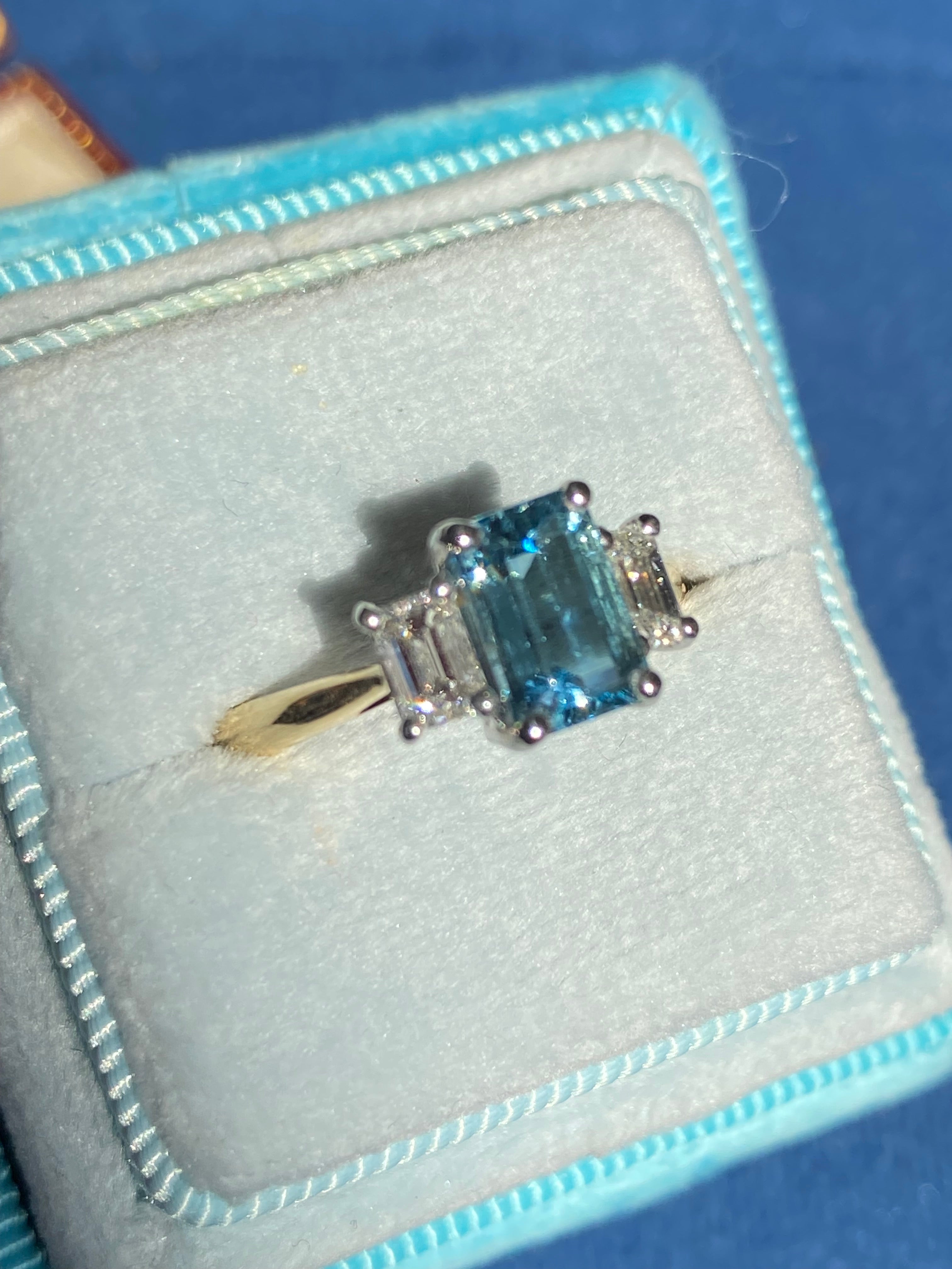 1.73 CTW Aquamarine and Natural Diamond Three Stone Ring in Platinum and 18ct Yellow Gold