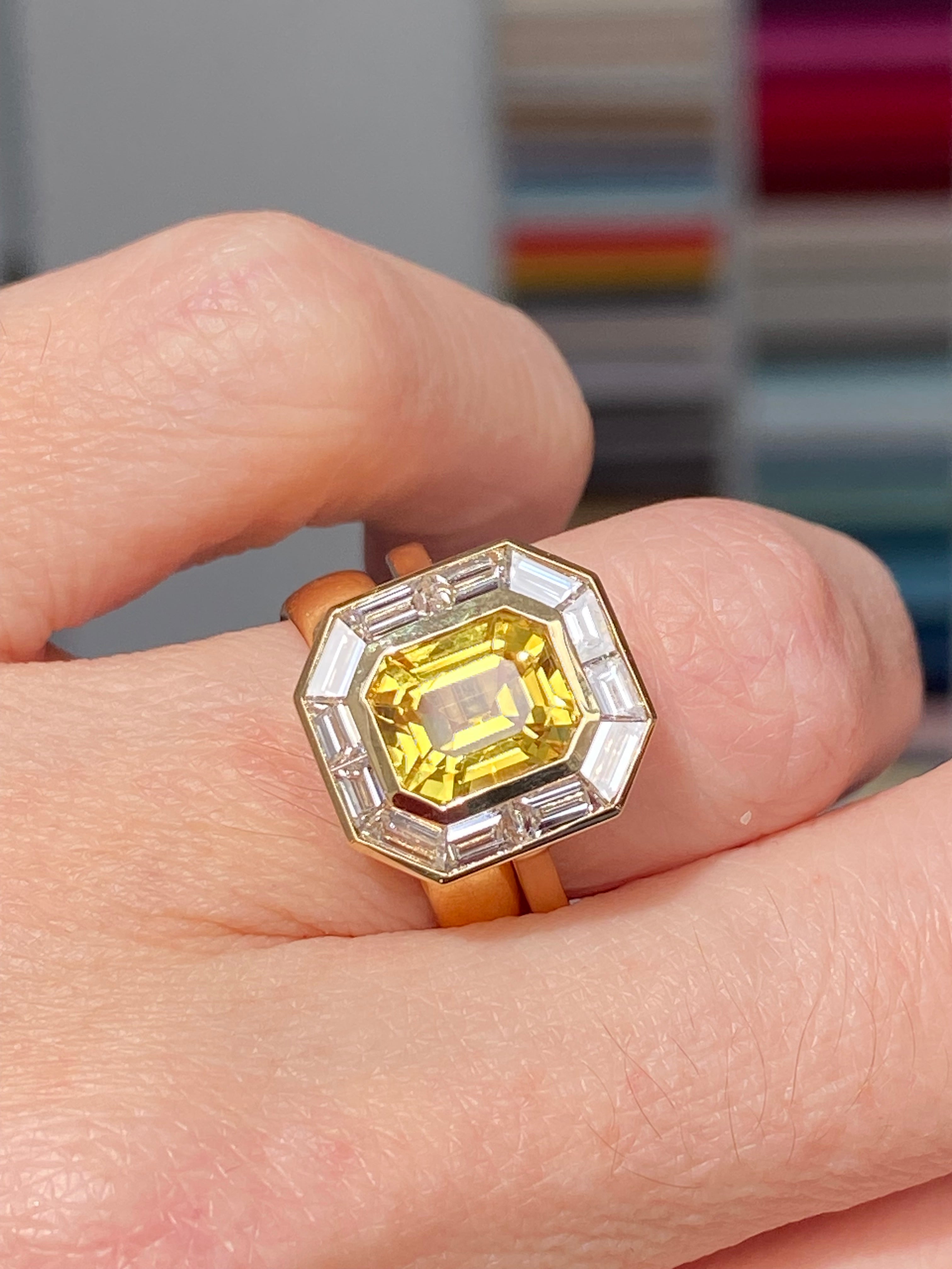 3.21 Carat Yellow Sapphire and 1.10 ctw Natural Diamond Ring in 18ct Yellow Gold