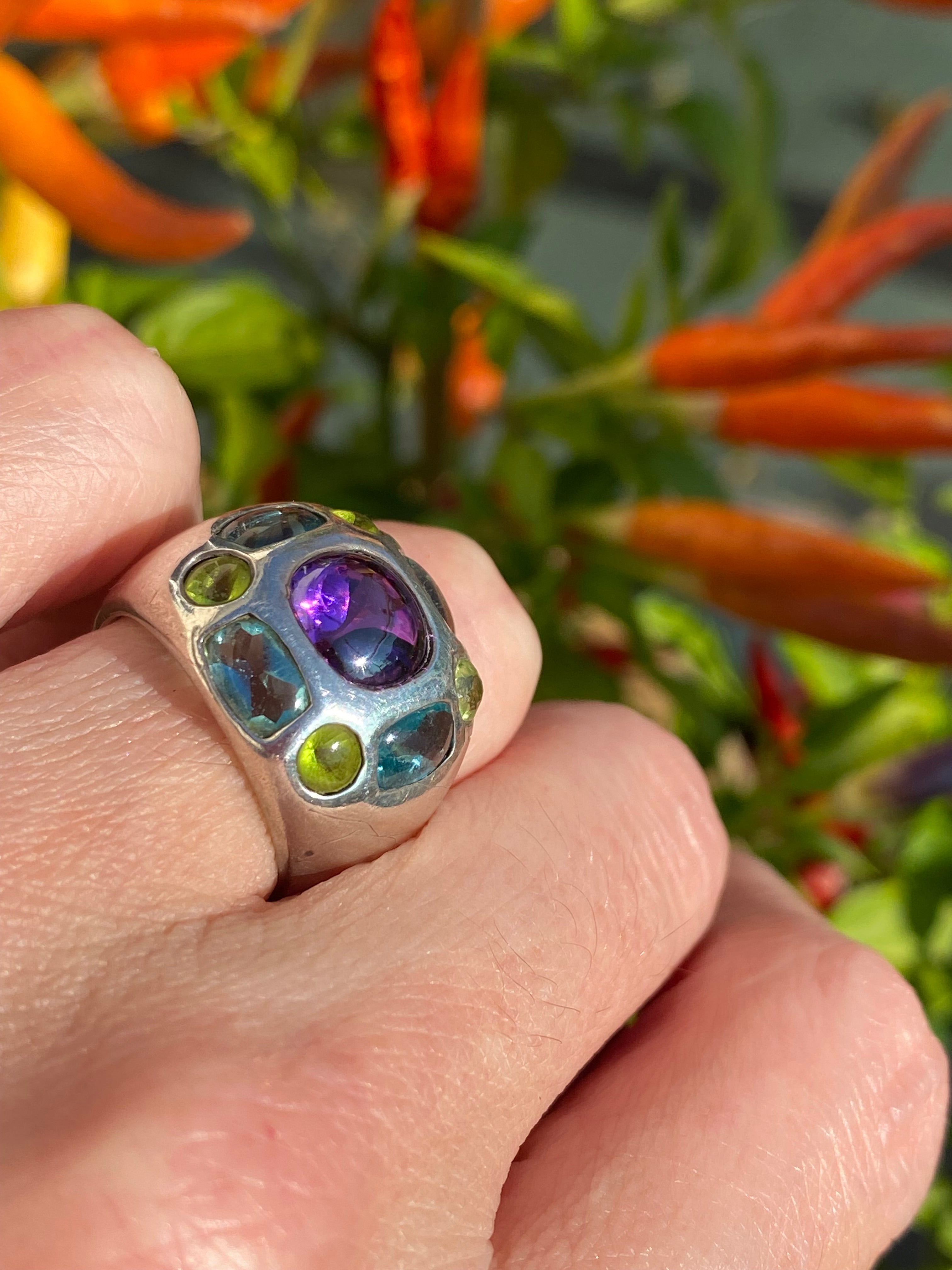 Beautiful Vintage Amethyst, Peridot and Blue Topaz Ring in Sterling Silver