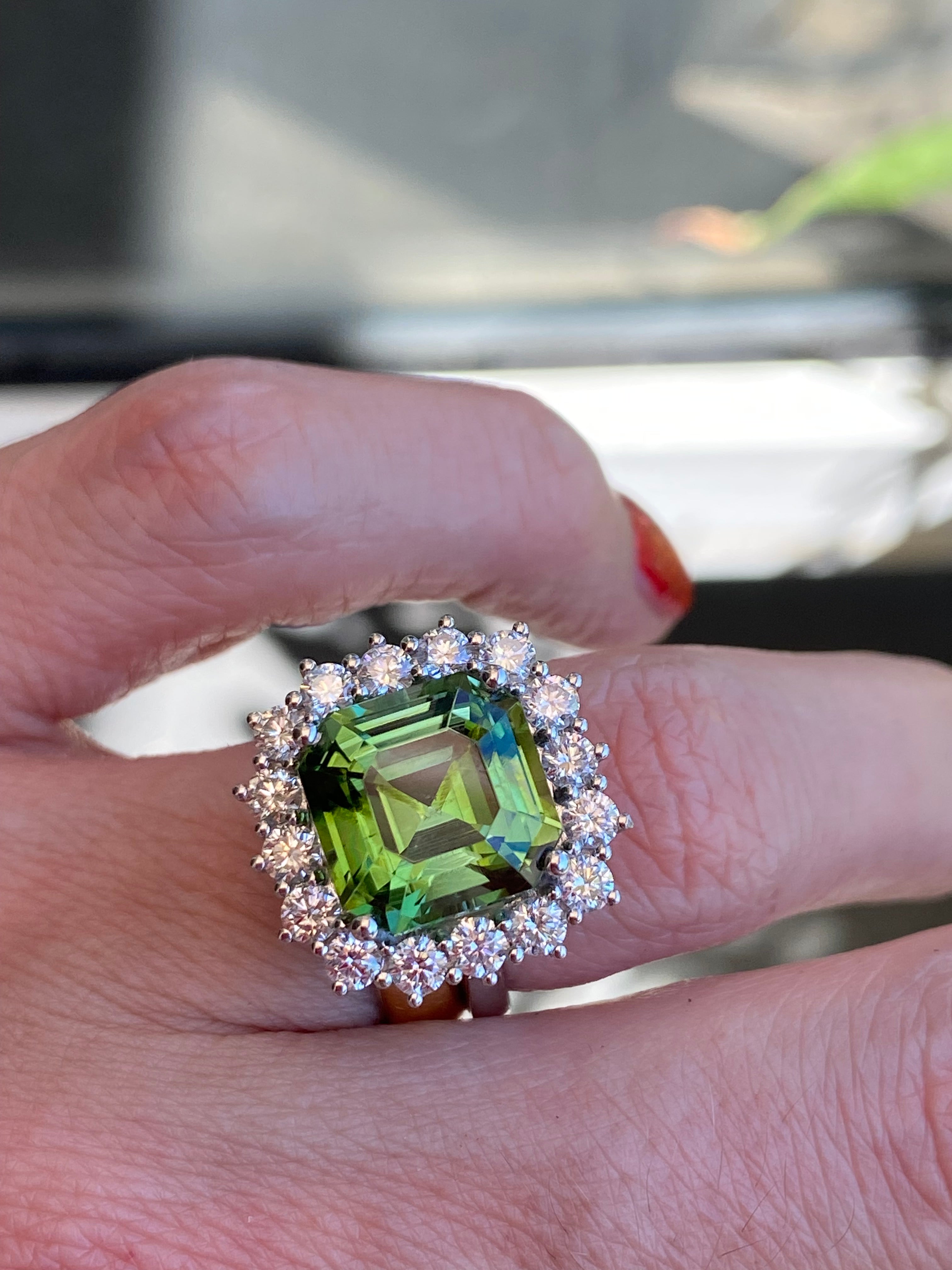 8.44 Carat Asscher Cut Green Tourmaline and 1.38ctw Natural Diamond Ring in Platinum