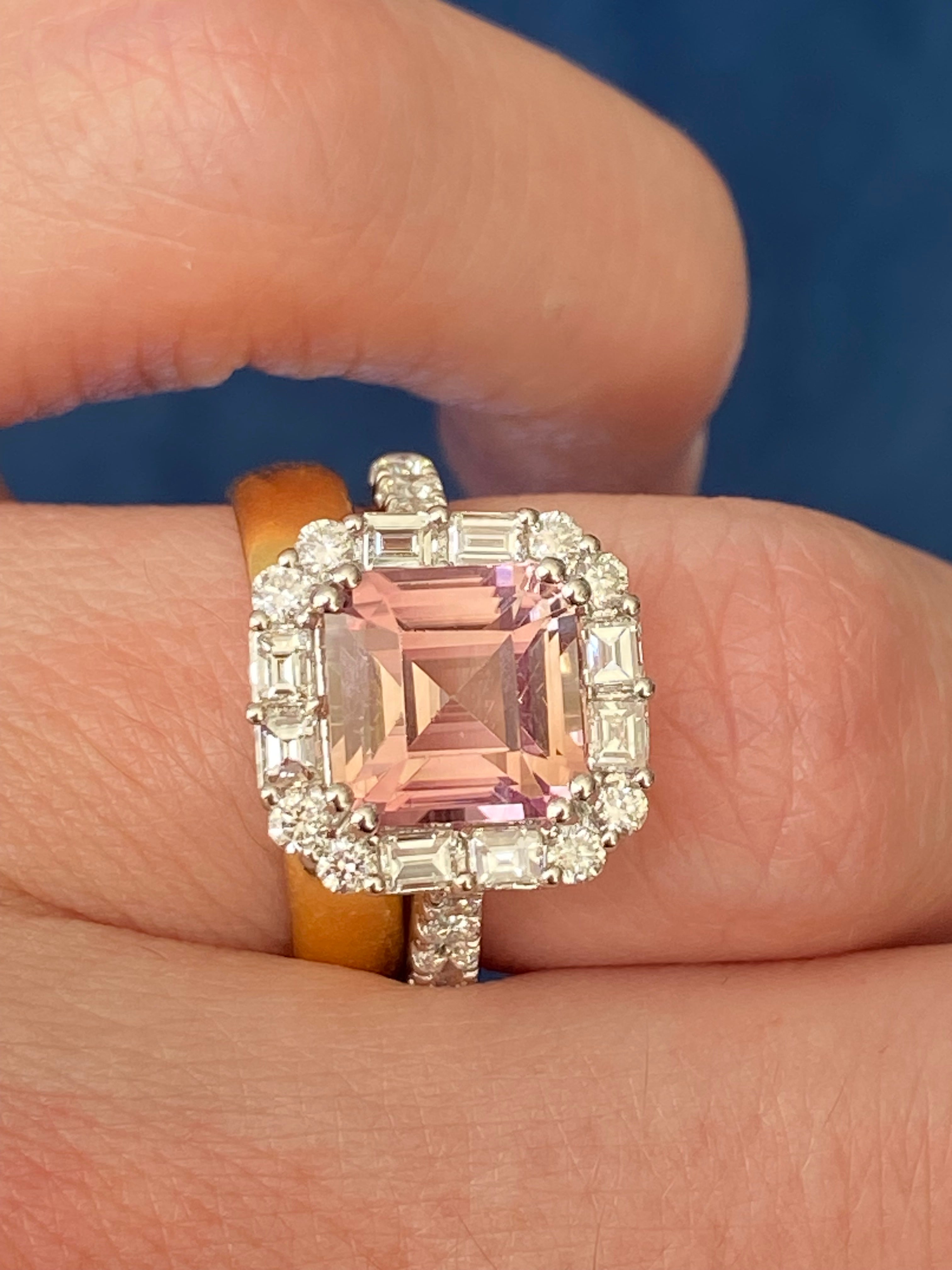 4.71 CTW Emerald Cut Pink Tourmaline and Natural Diamond Halo Ring in Platinum