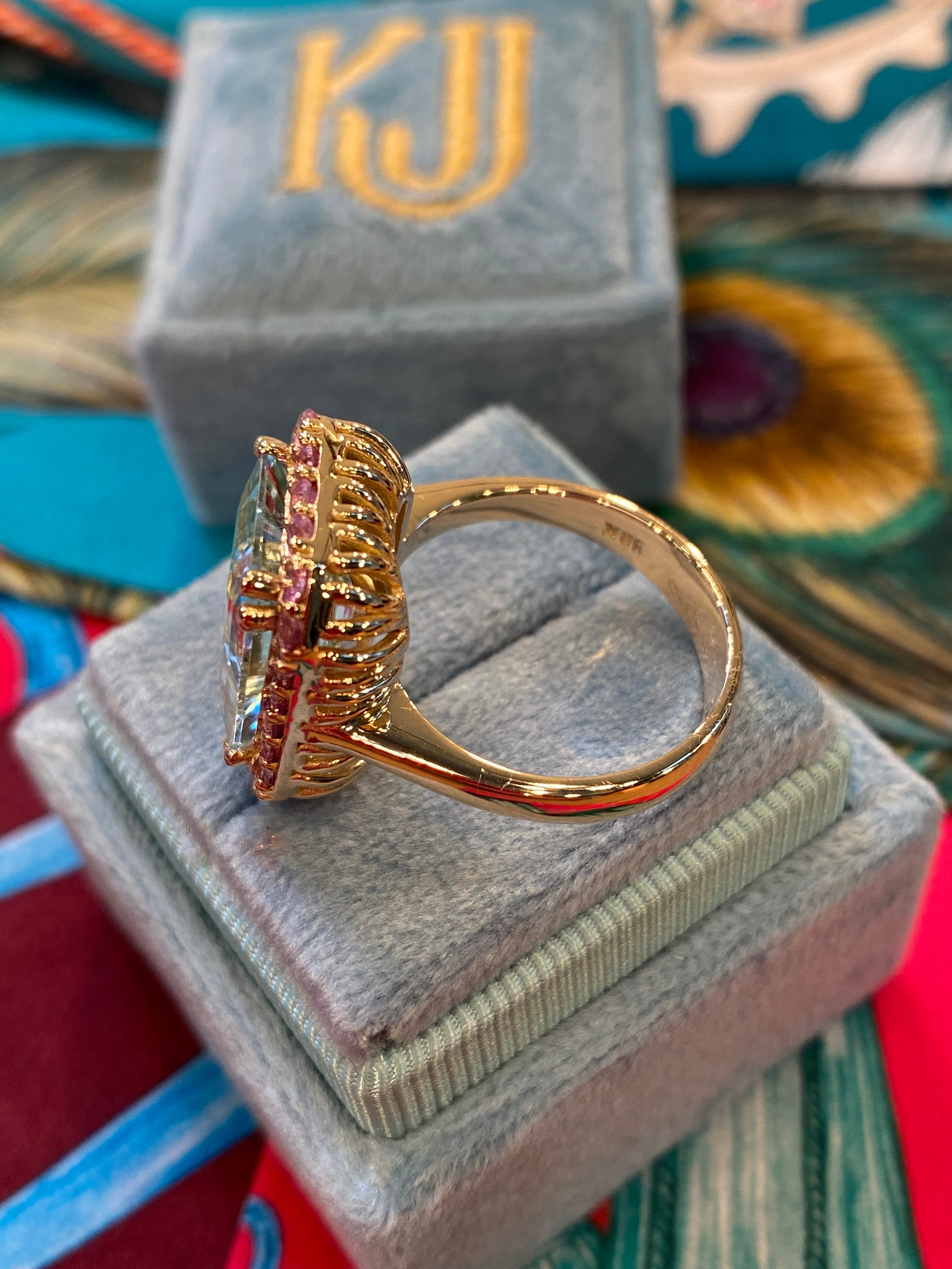 6.50 CTW Aquamarine and Pink Sapphire Halo Ring in 18ct Yellow Gold