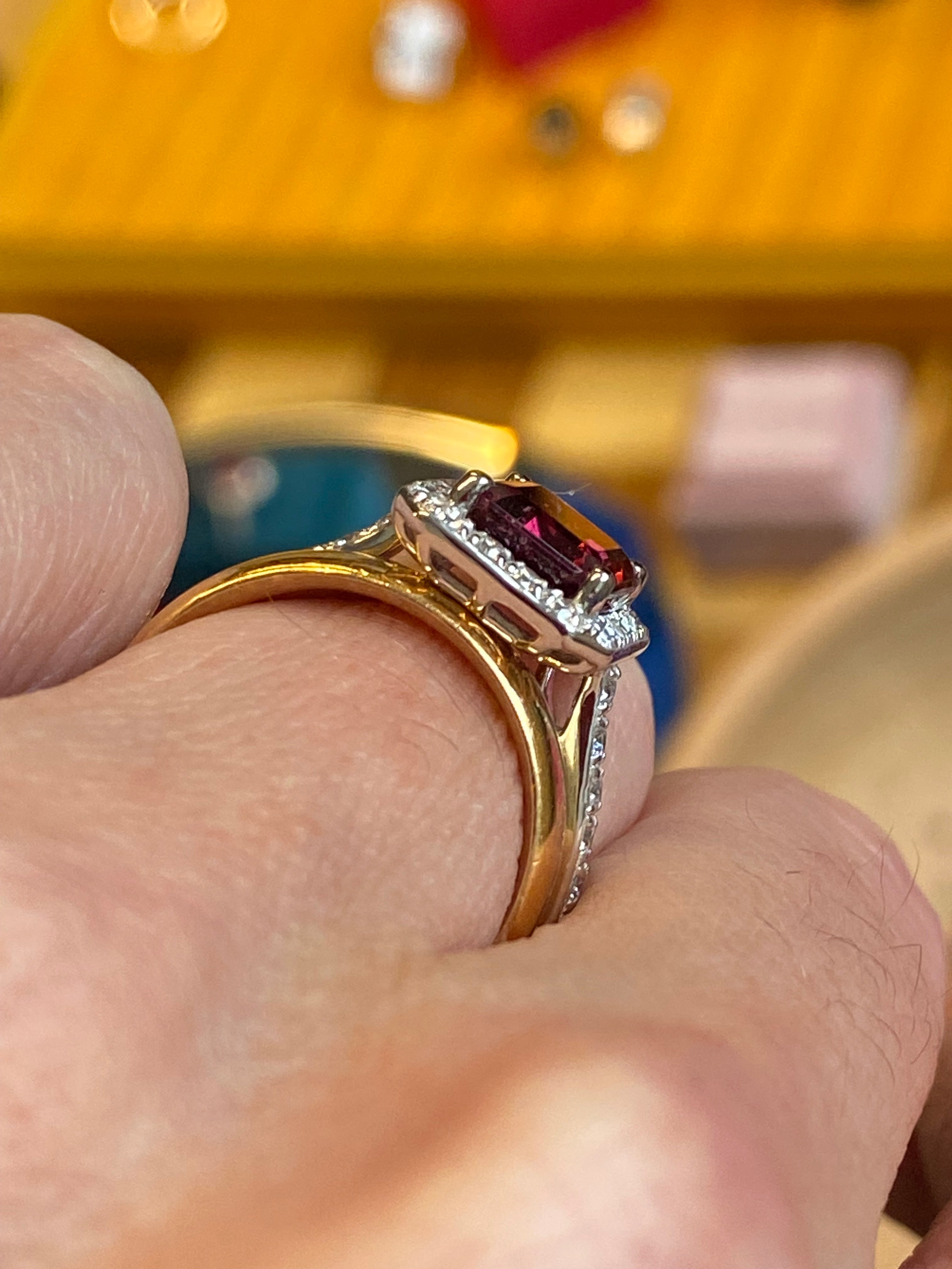 2.71 CTW Emerald Cut Pink Tourmaline and Natural Diamond Halo Ring in Platinum