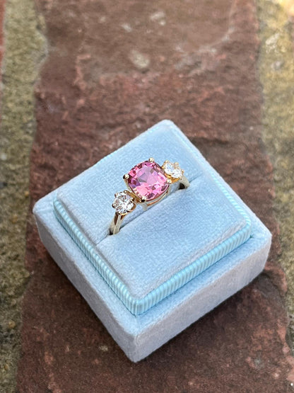 3.12ctw Pink Tourmaline and Natural Diamond Three Stone Ring in 18ct Yellow Gold