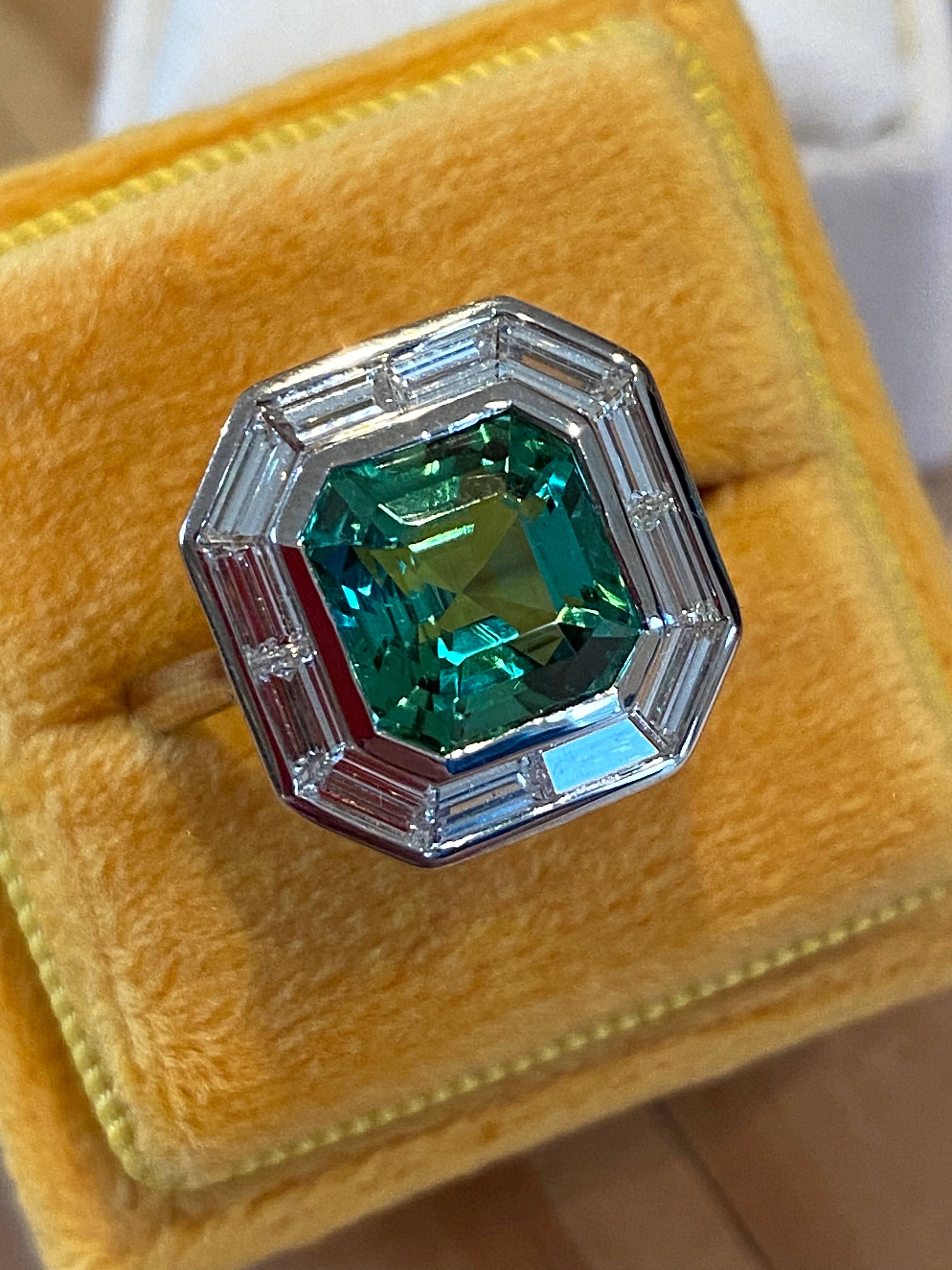 3.98 Carat Mint Tourmaline and 1.15ctw Natural Diamond Ring in Platinum