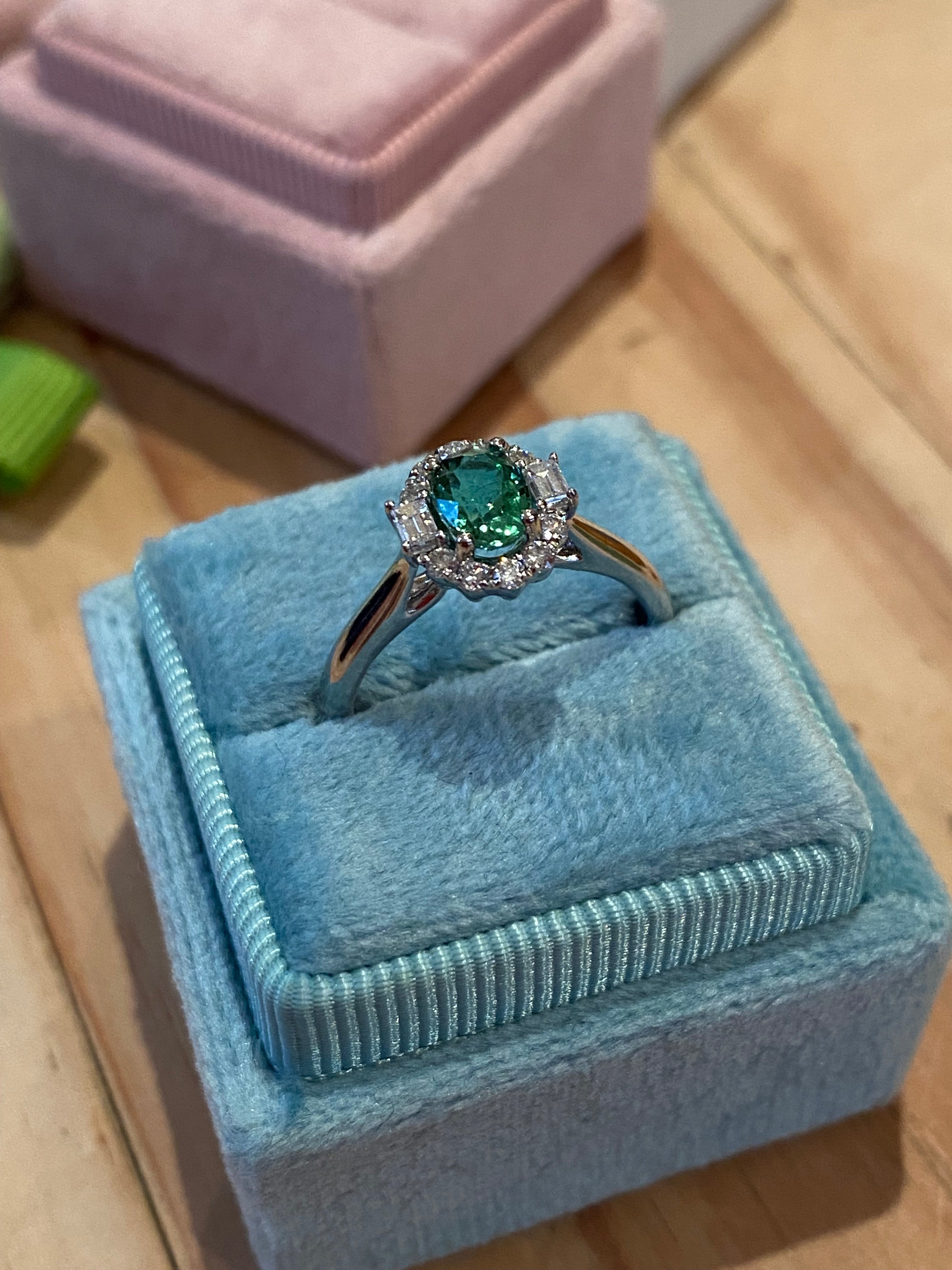 0.94 CTW Oval Cut Green Tourmaline and Natural Diamond Halo Ring in Platinum