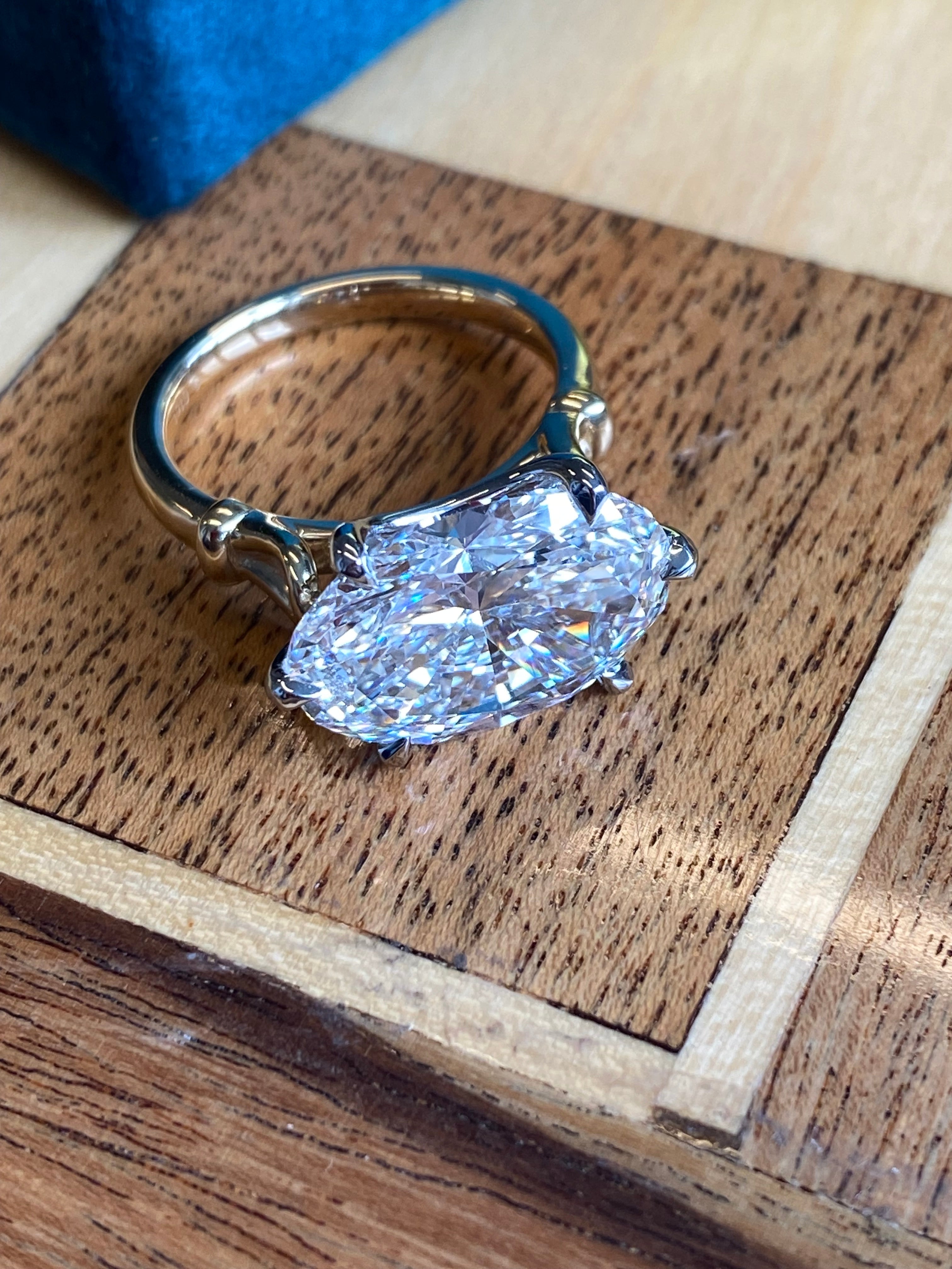 8.01 Carat Oval Cut Lab Diamond East West Solitaire Engagement Ring in 18ct Yellow Gold and Platinum