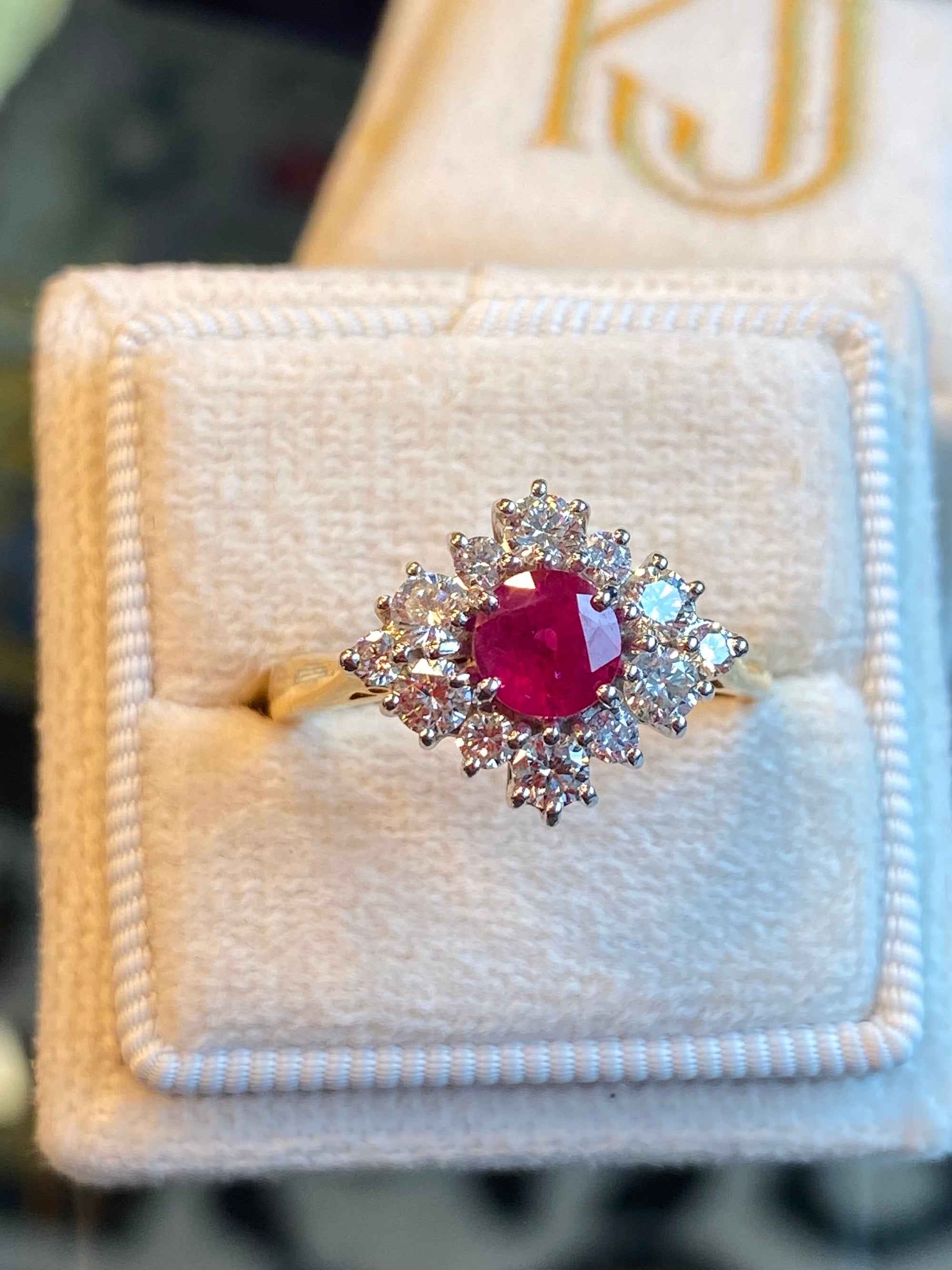 1.31 CTW Round-Cut Ruby and Natural Diamond Halo Ring in 18ct White and Yellow Gold