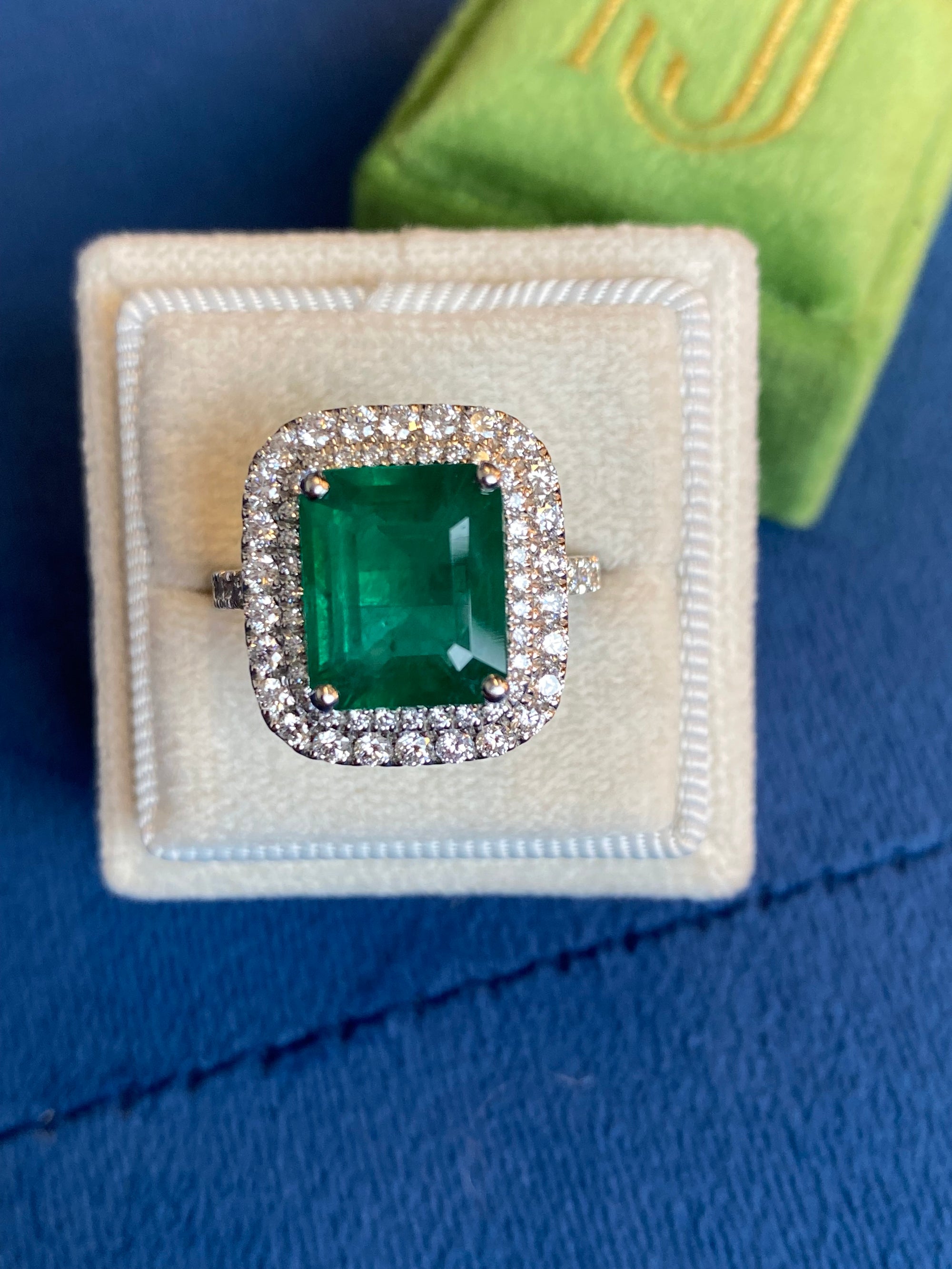 6.07 Carat Emerald Cut Emerald and Diamond Halo Ring in Platinum