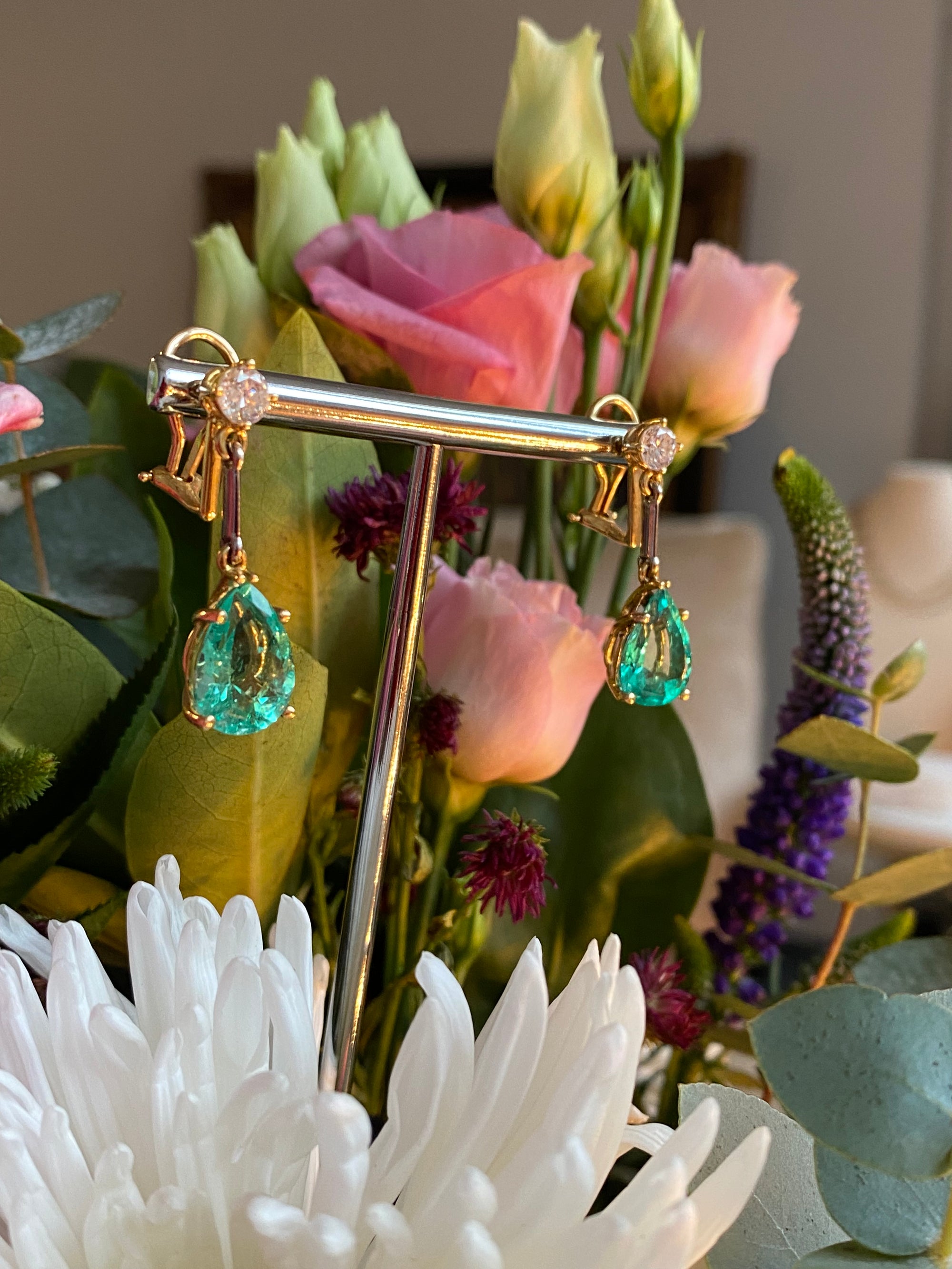 Spectacular 9.65ctw Pear Cut Colombian Emerald and Diamond Drop Earrings in 18ct Yellow Gold