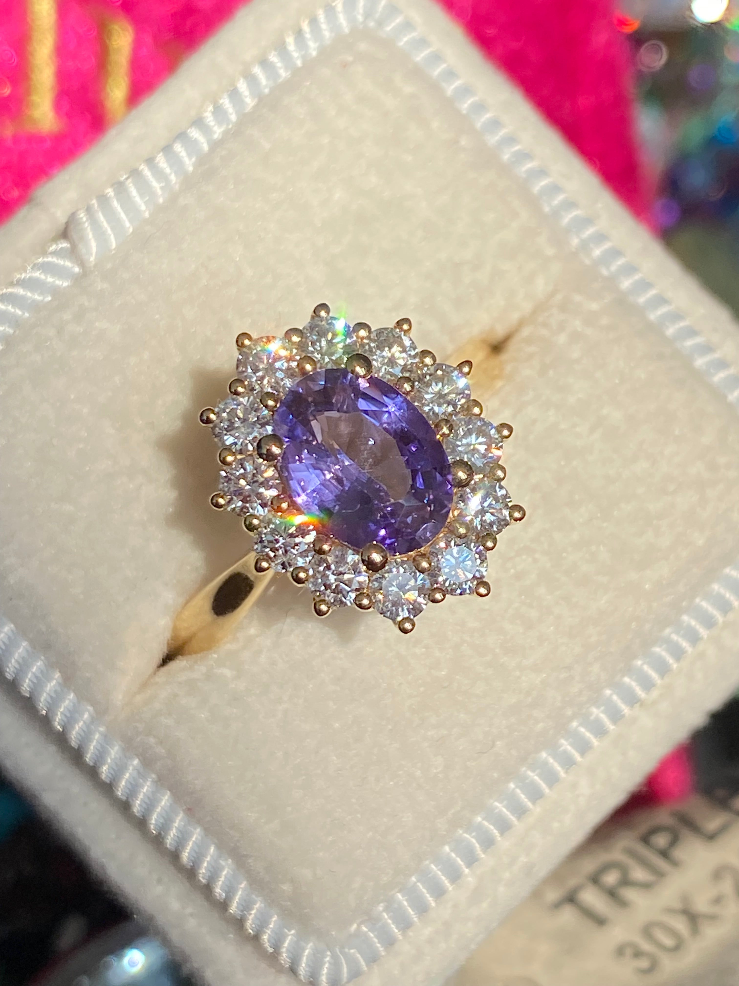 2.08 CTW Violet Sapphire and Natural Diamond Halo Ring in 18ct Yellow Gold