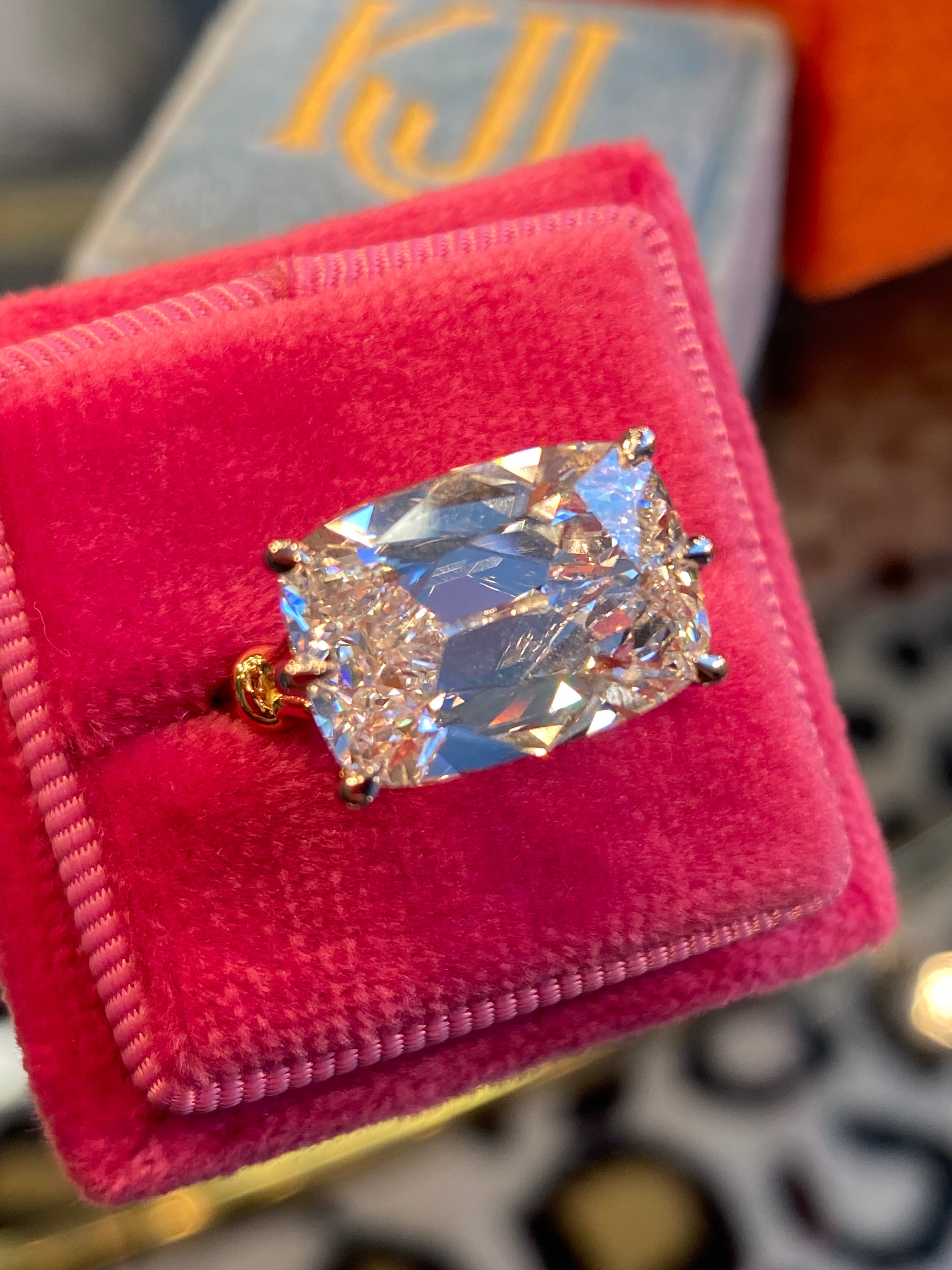 8.09 Carat Old Mine Cut Lab Diamond East West Solitaire Engagement Ring in 18ct Yellow Gold and Platinum