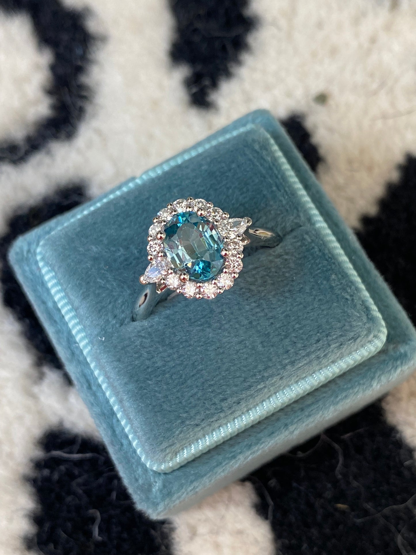 1.78 Carat Blue Zircon and Natural Diamond Halo Ring in Platinum