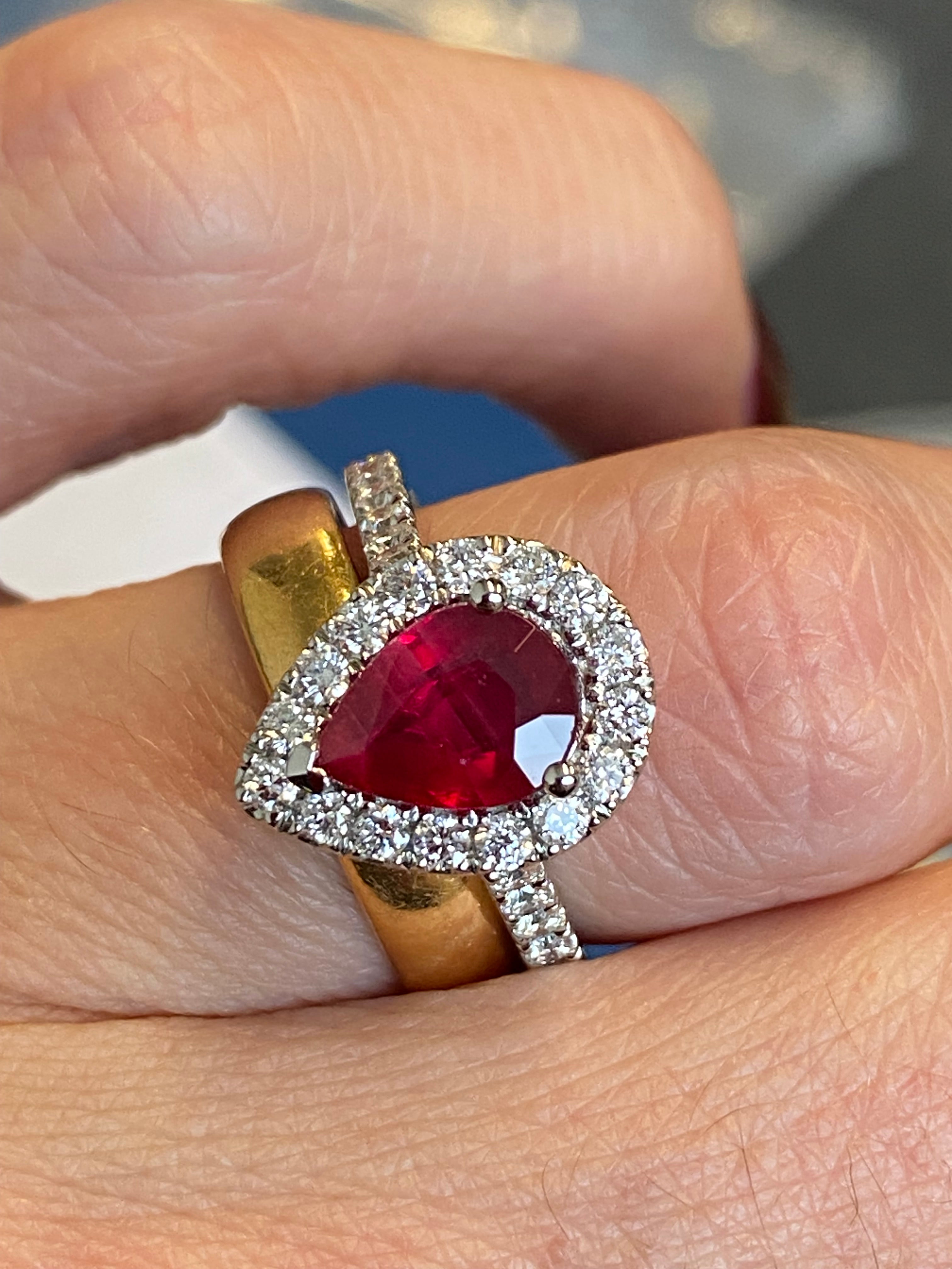2.08 CTW Pear Cut Ruby and Natural Diamond Ring in Platinum