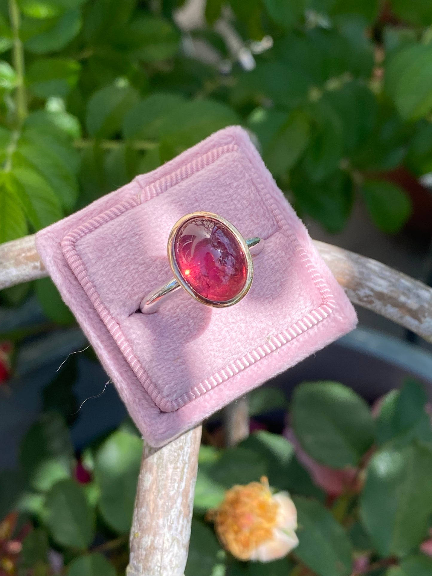 Cabochon Cut Pink Tourmaline Ring in Sterling Silver and 18ct Yellow Gold