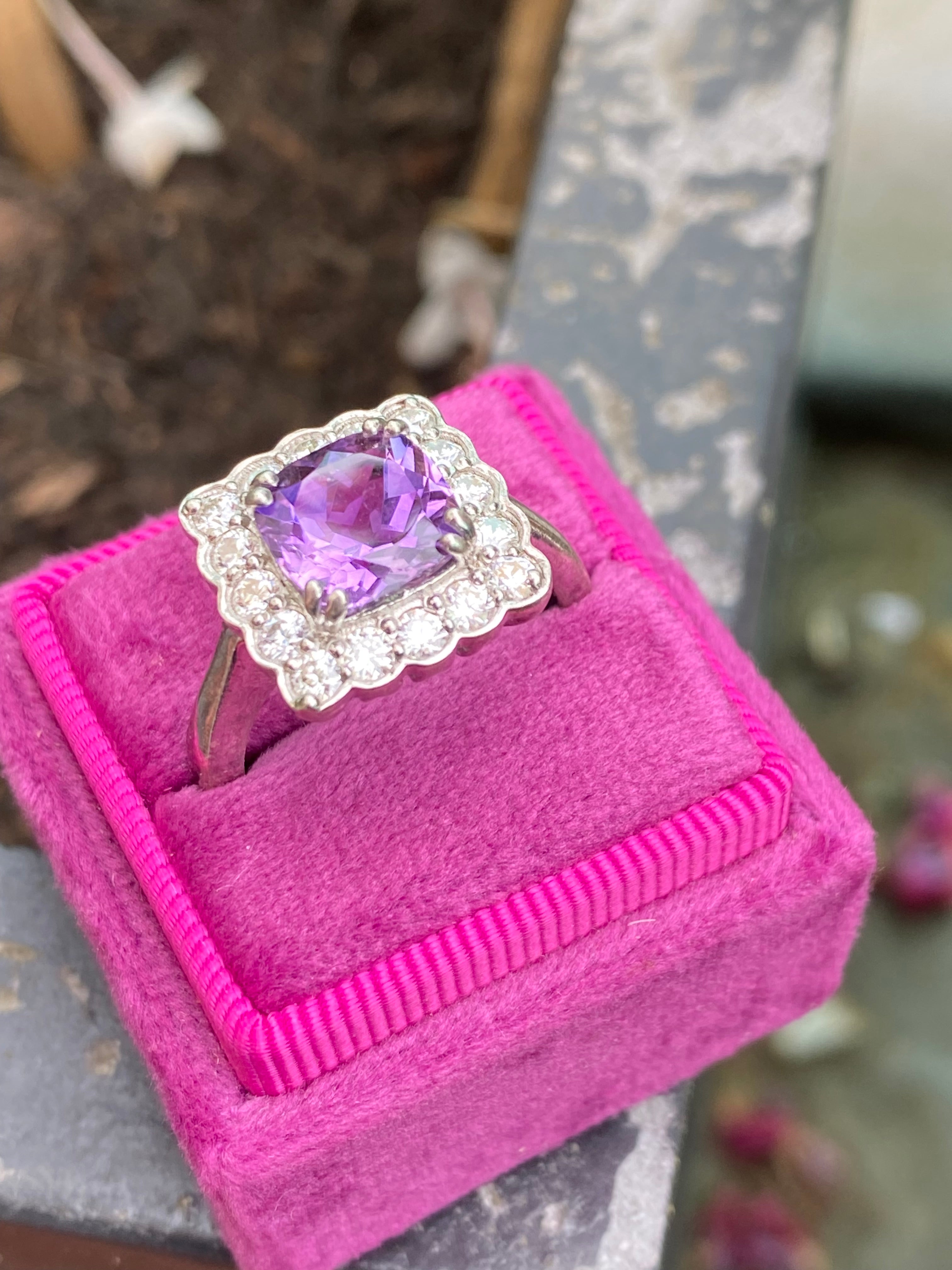 4.29 CTW Cushion Cut Amethyst and Moissanite Halo Cocktail Ring in Sterling Silver