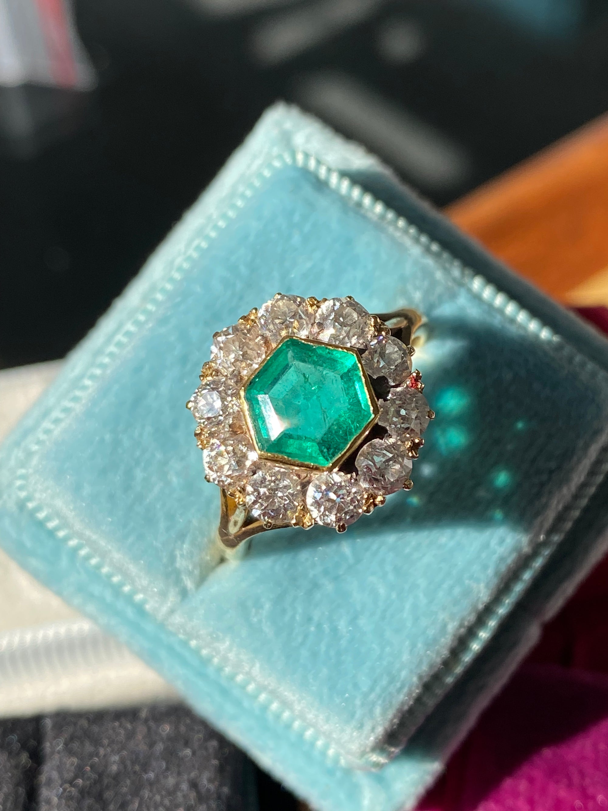 3.00 CTW Colombian Emerald and Old Cut Diamond Halo Ring in 18ct Yellow Gold