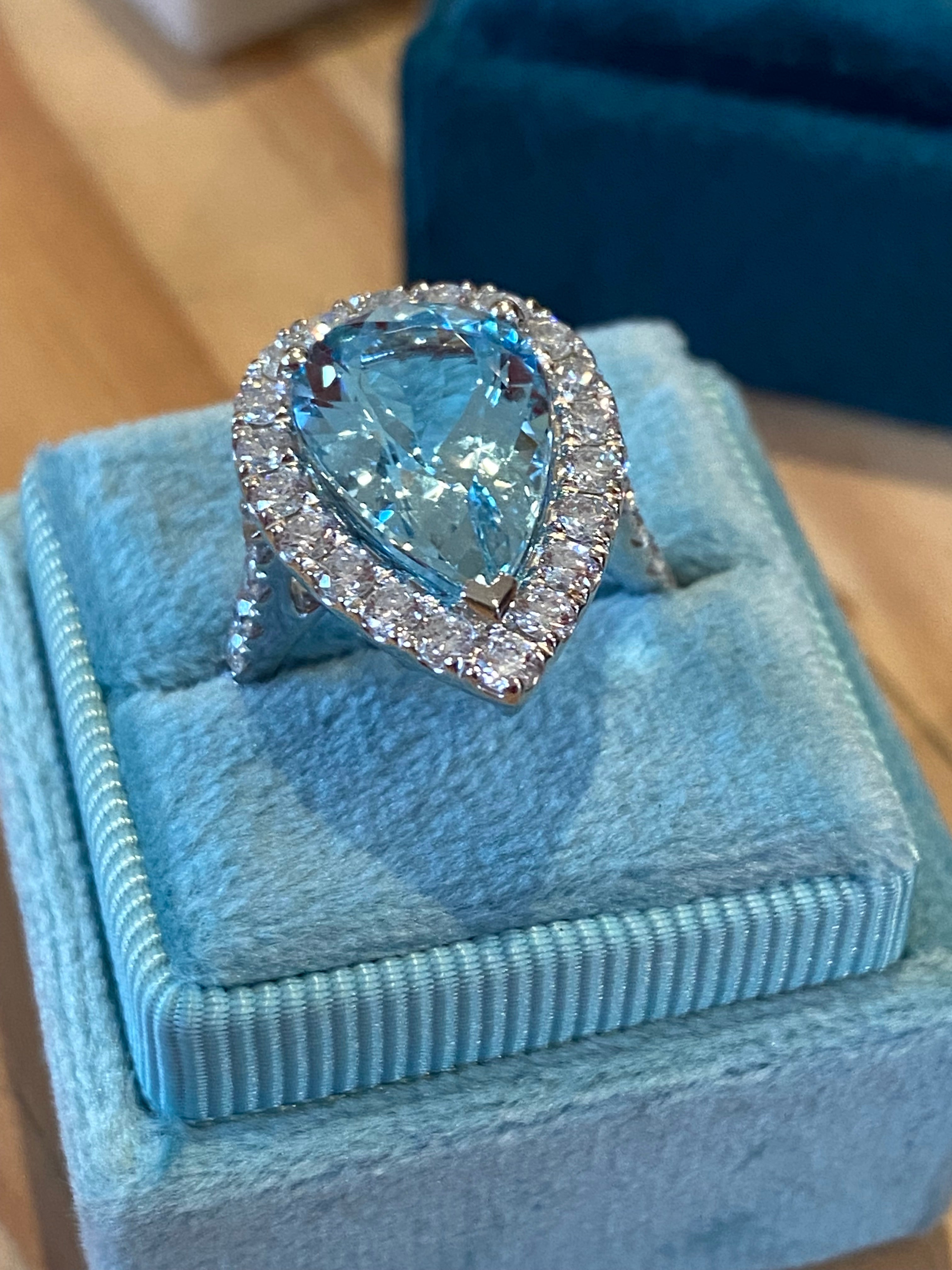 5.36 Carat Pear Cut Aquamarine and 1.38ctw Natural Diamond Ring in Platinum
