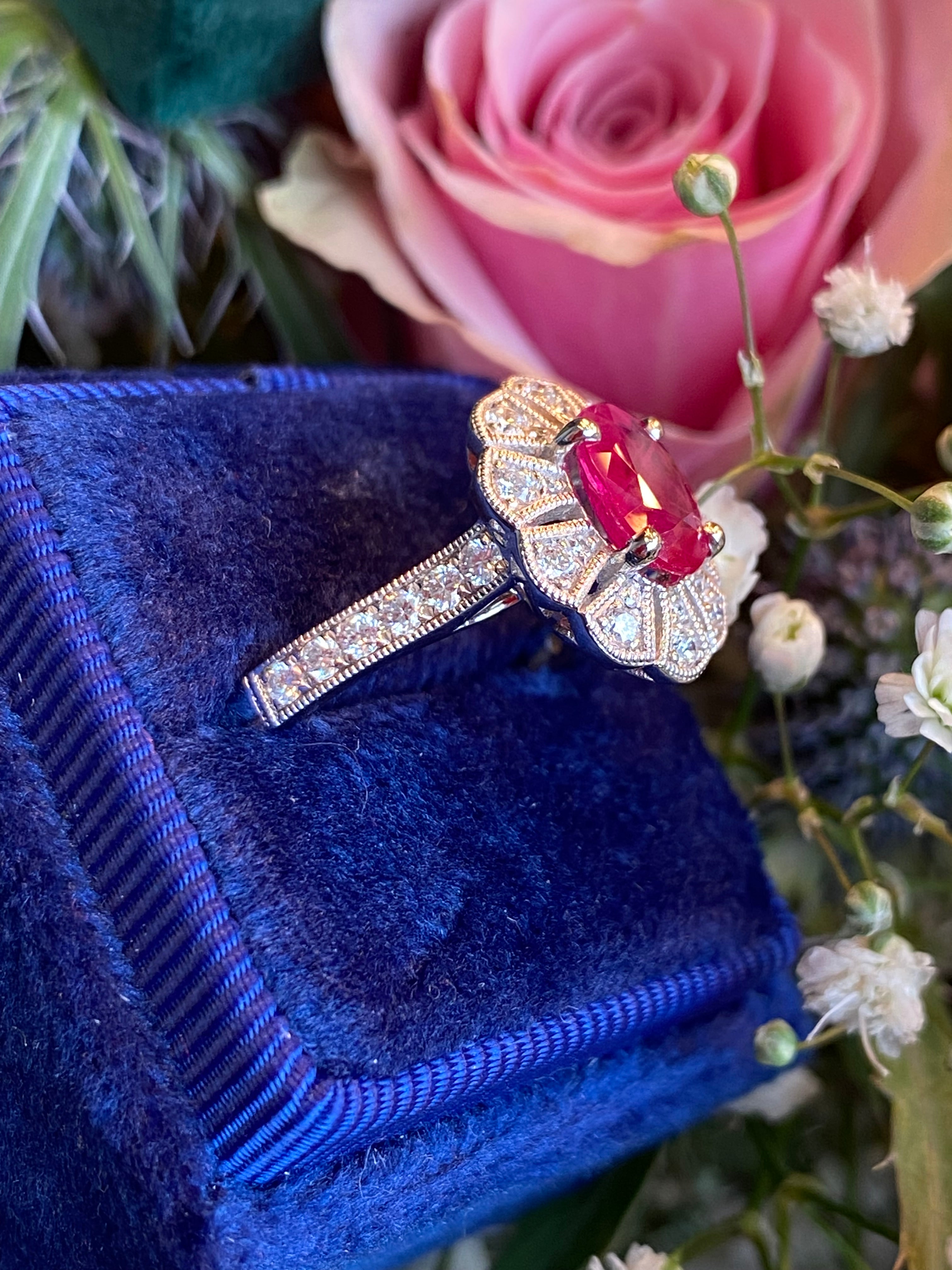 1.71 CTW Oval Cut Ruby and Diamond Art Deco Style Ring in Platinum