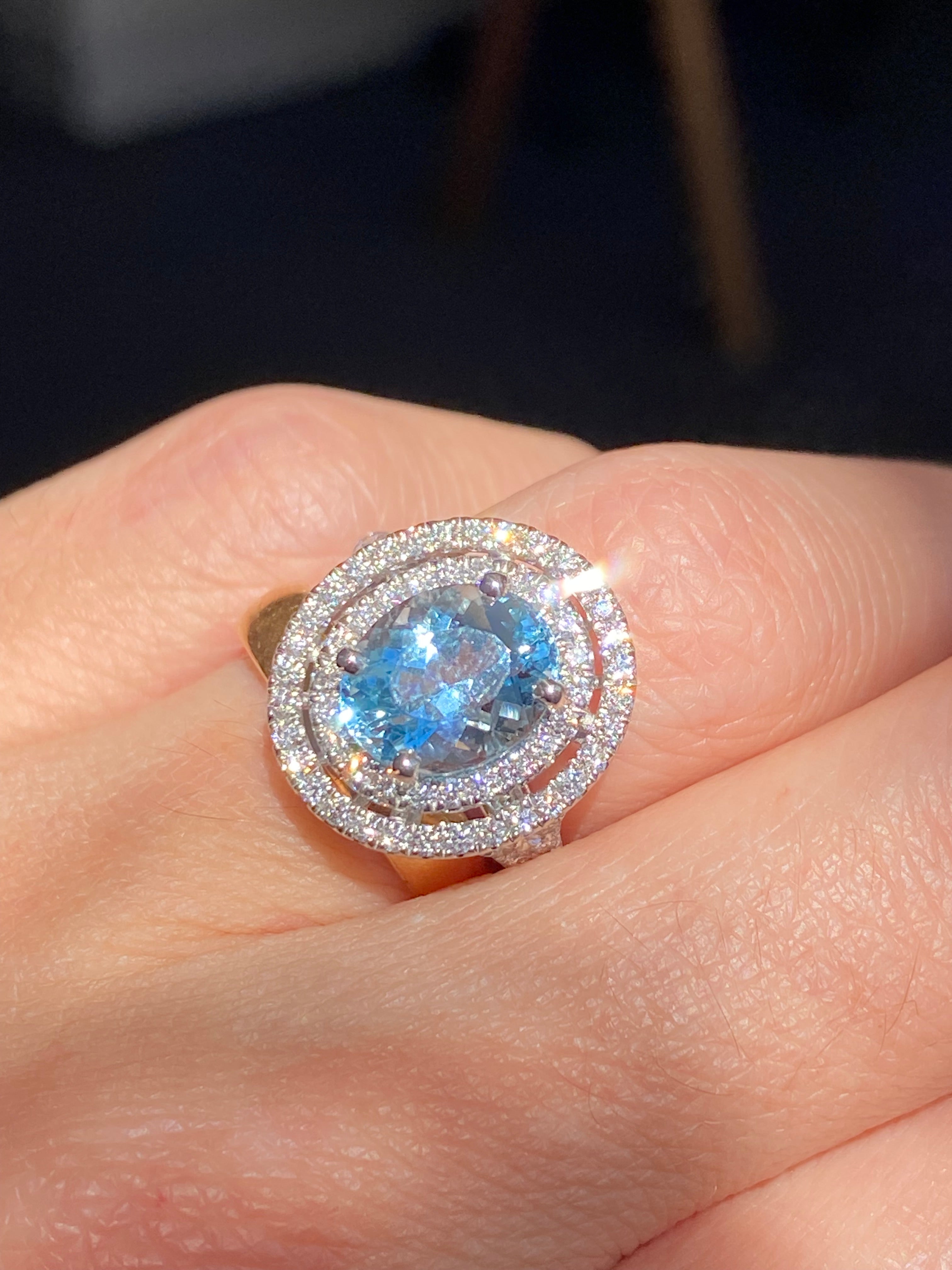 3.23 CTW Oval Cut Aquamarine and Natural Diamond Double Halo Engagement Ring in Platinum