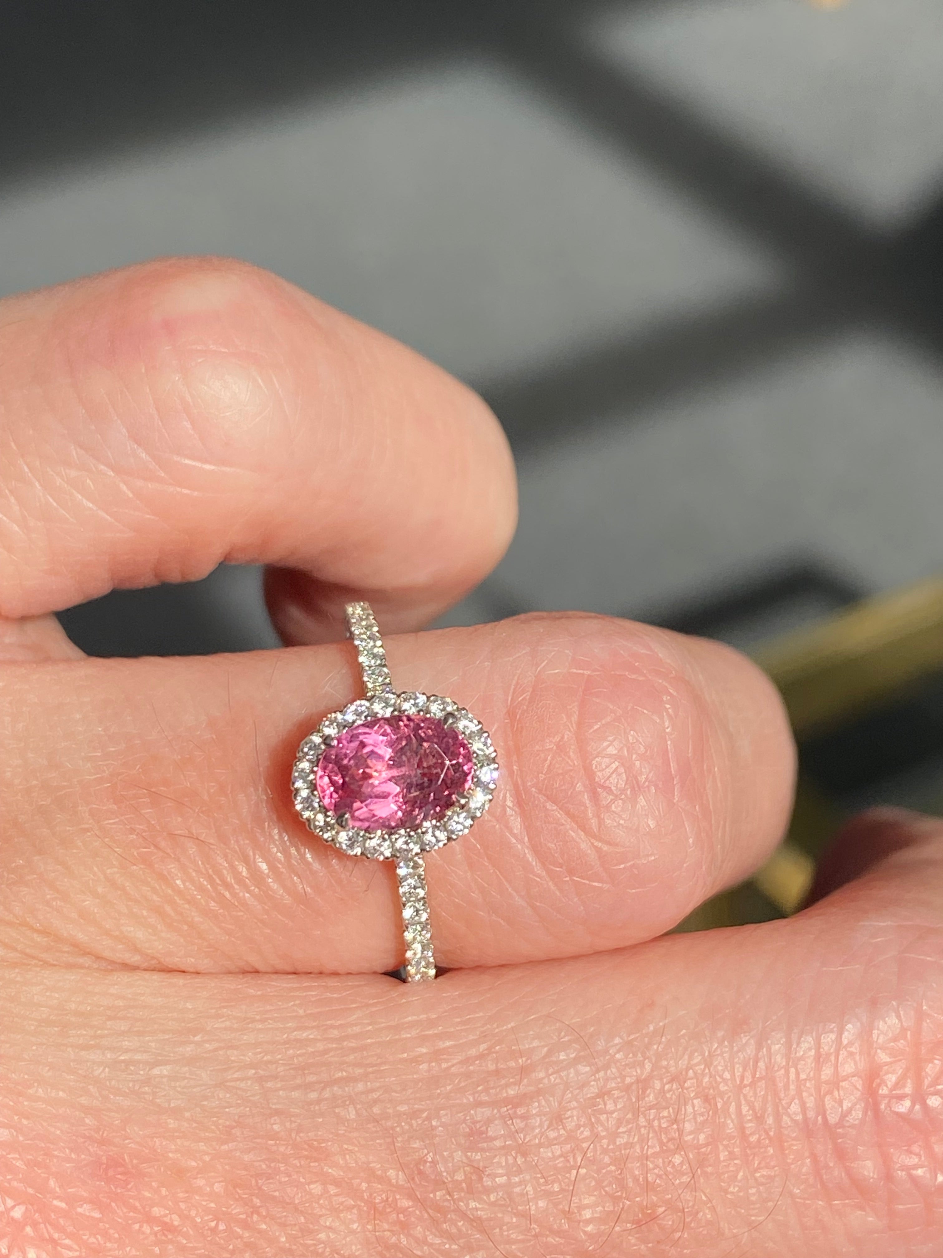 1.24 CTW Oval Cut Pink Sapphire and Natural Diamond Halo Engagement Ring in Platinum