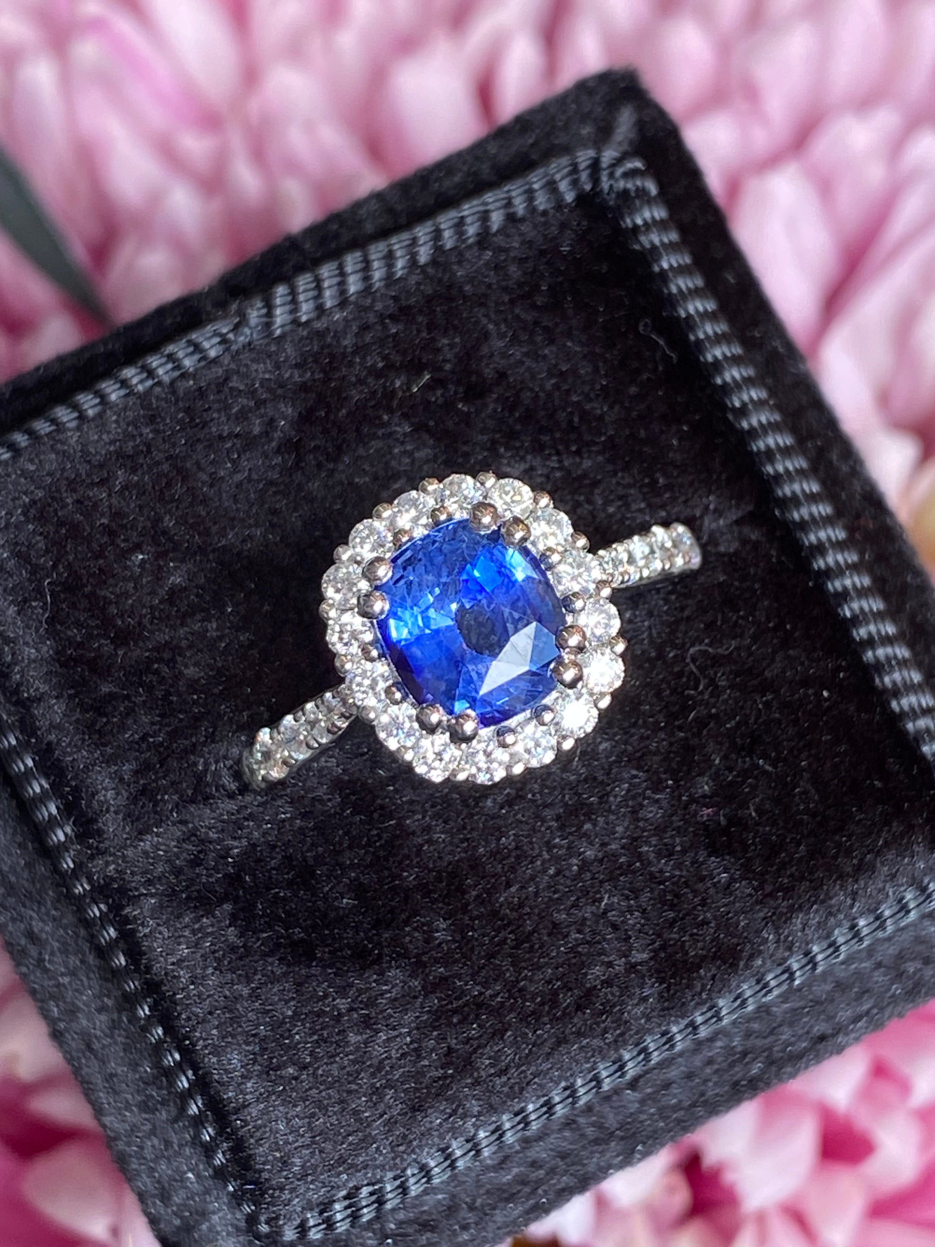 2.17 CTW Blue Ceylon Sapphire and Natural Diamond Three Stone Engagement Ring in Platinum