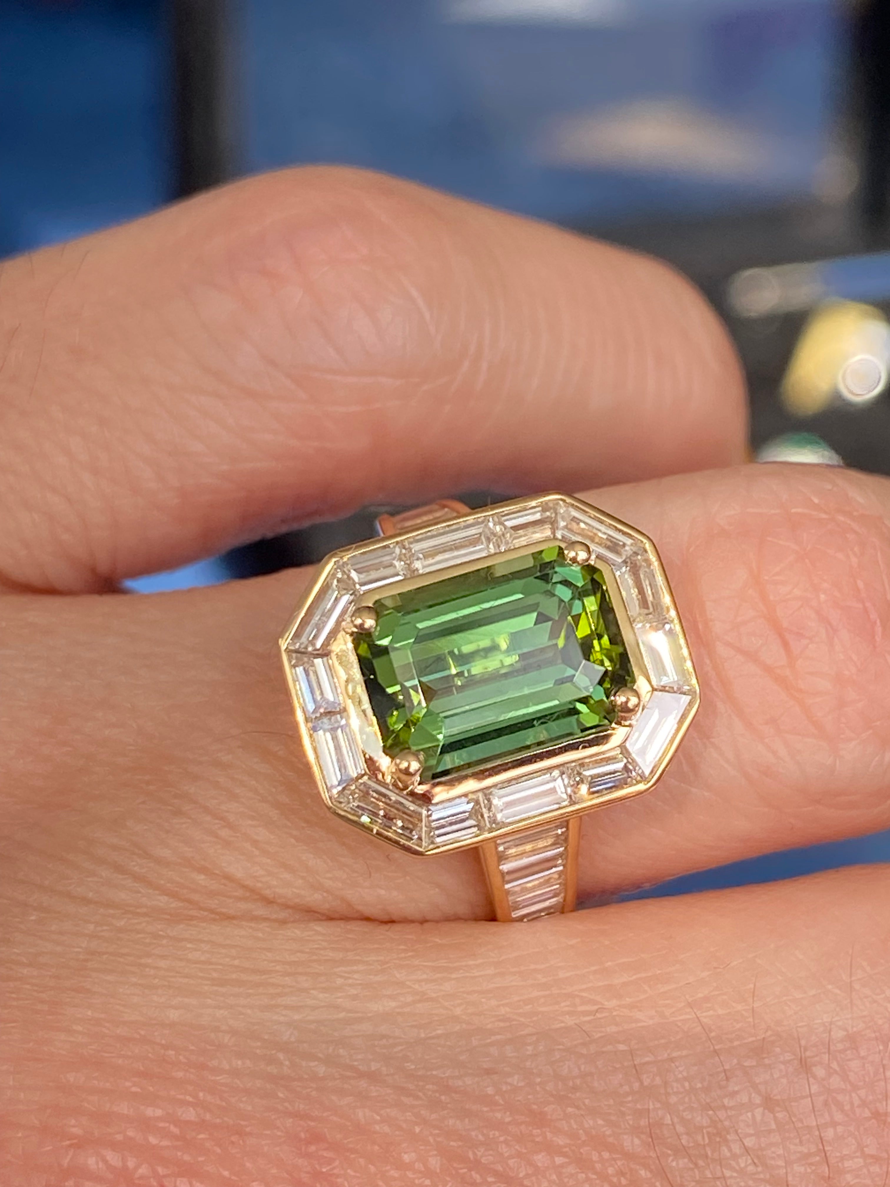 3.85 Carat Green Tourmaline and 1.84ctw Natural Diamond Ring in 18ct Yellow Gold