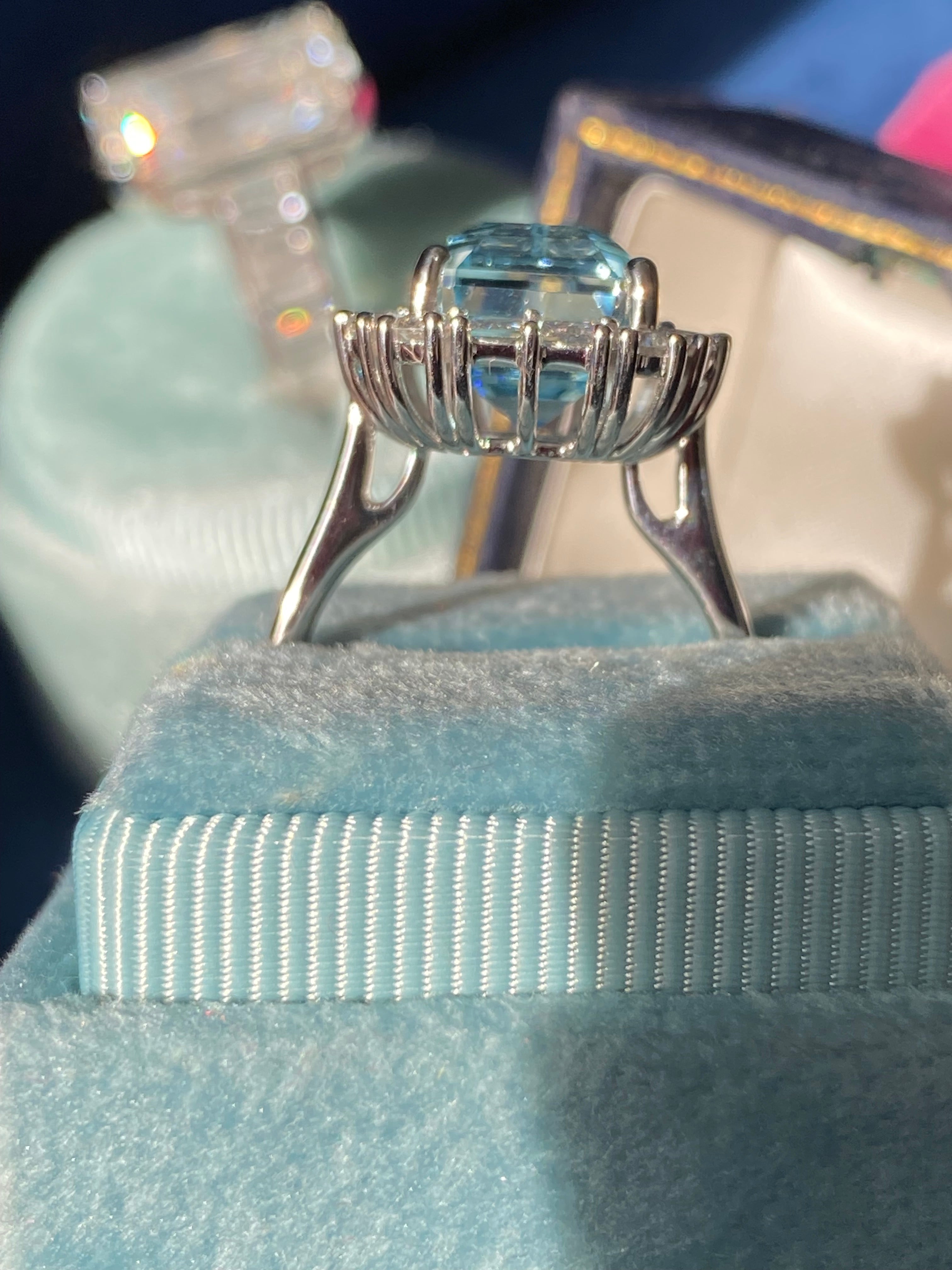 6.11 CTW Emerald Cut Aquamarine and Natural Diamond Halo Engagement Ring in Platinum