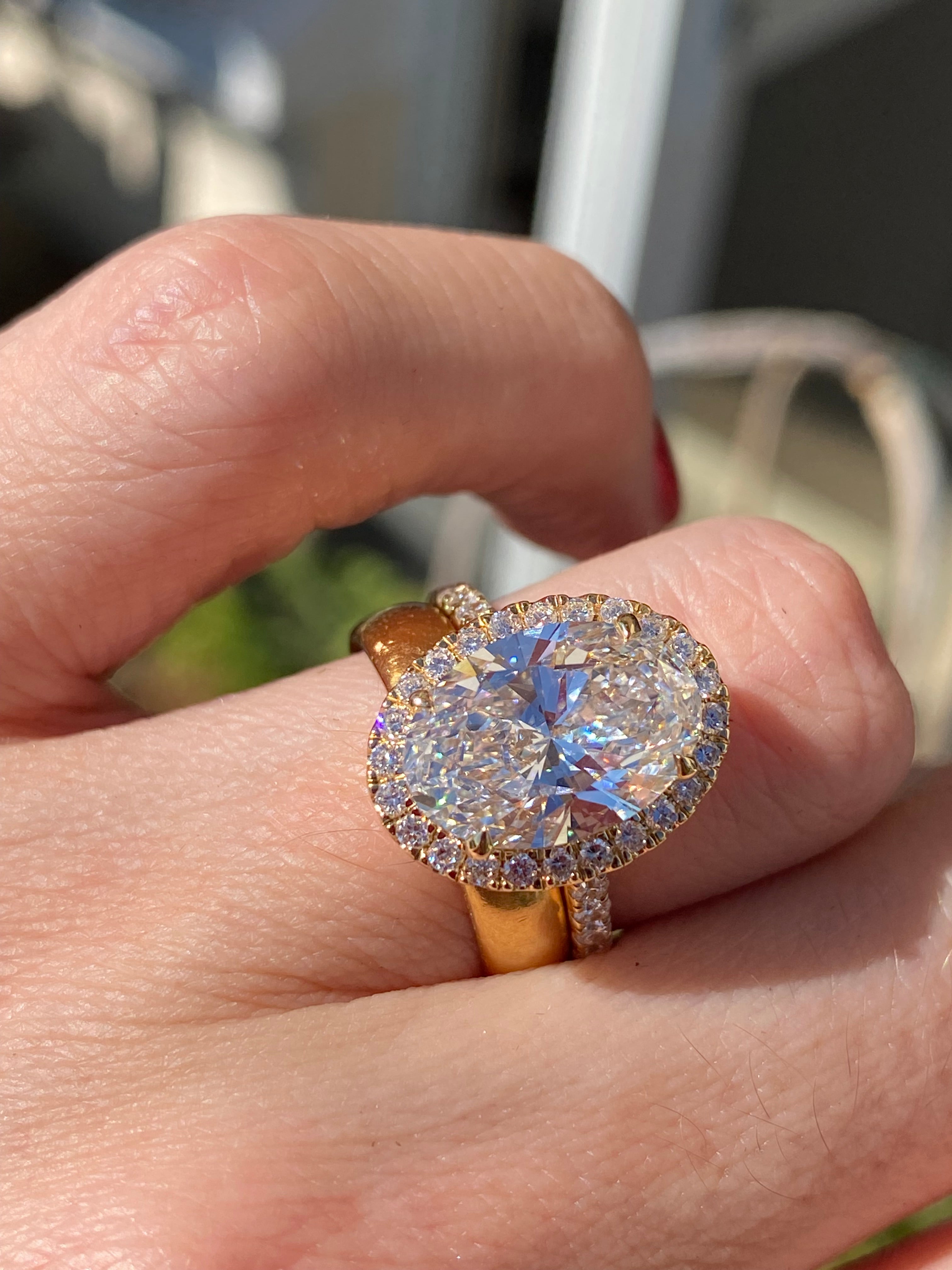 4.59 CTW Oval Cut Lab Diamond Halo Engagement Ring in 18ct Yellow Gold