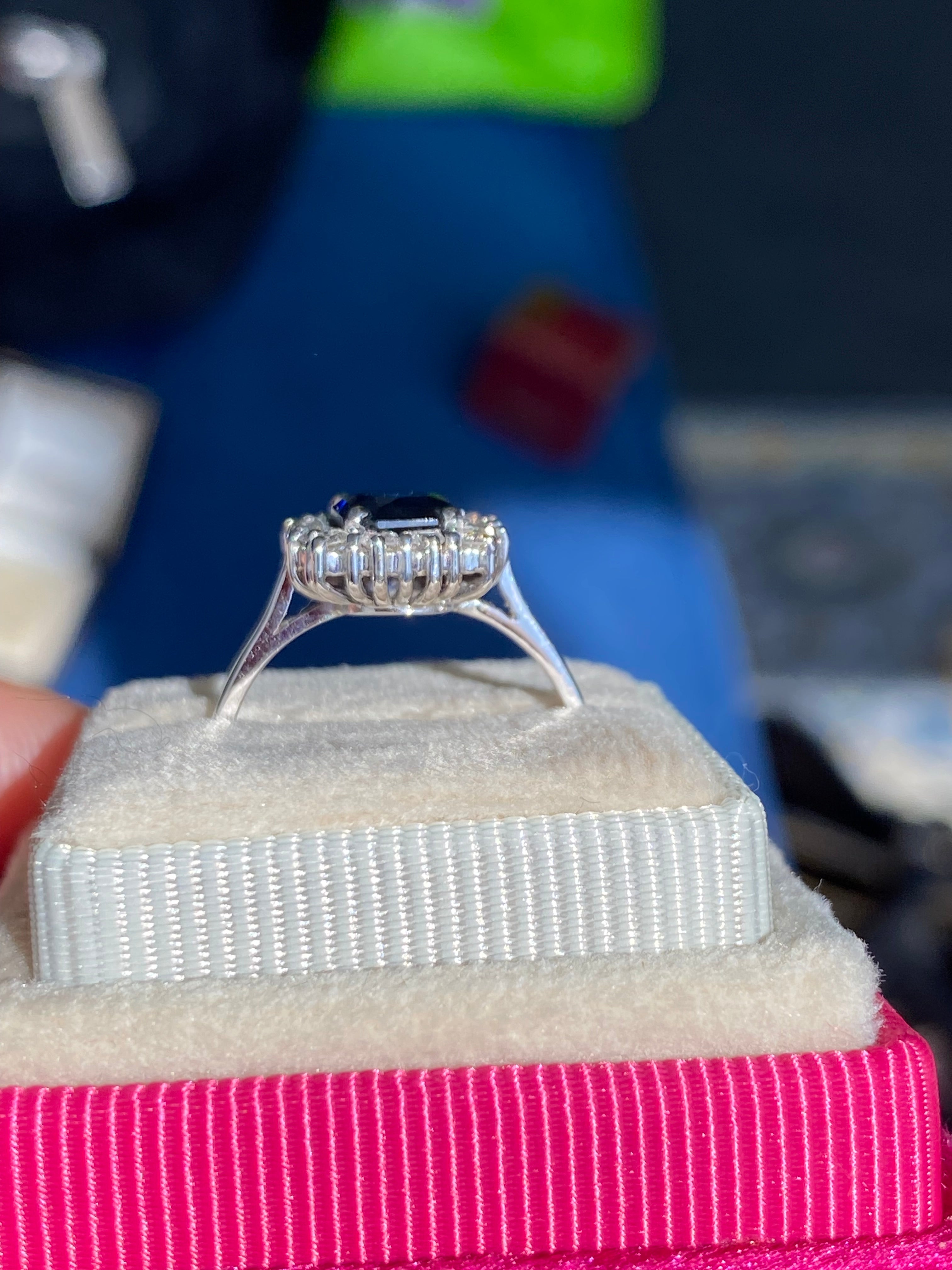 Vintage 2.05 Carat Sapphire and Natural Diamond Halo Ring in Platinum