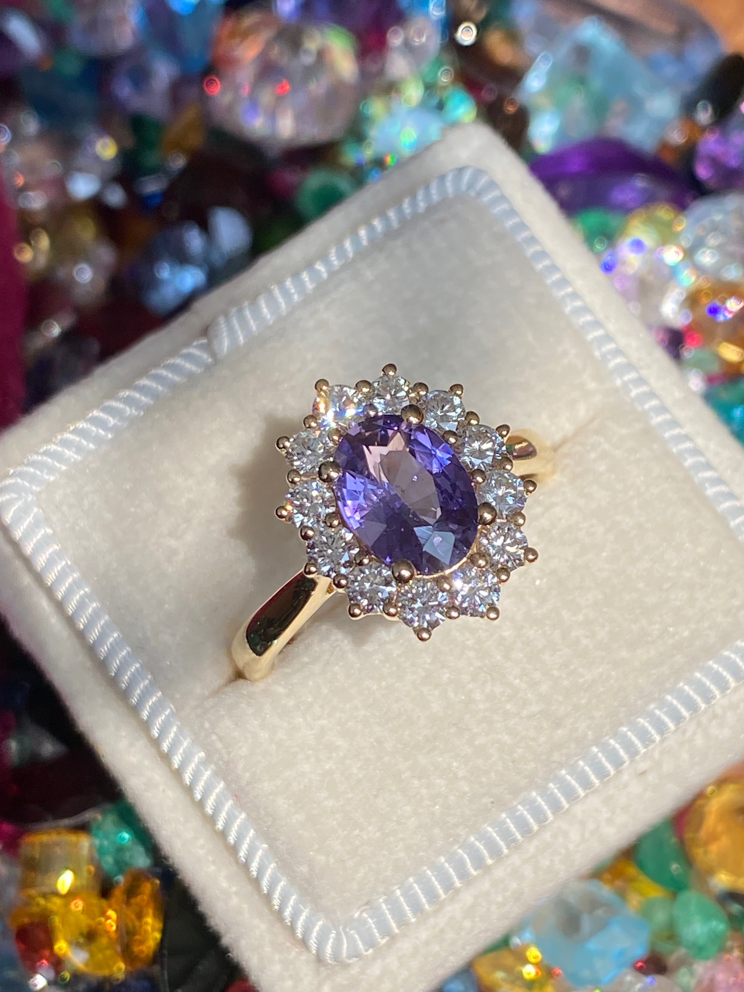2.08 CTW Violet Sapphire and Natural Diamond Halo Ring in 18ct Yellow Gold
