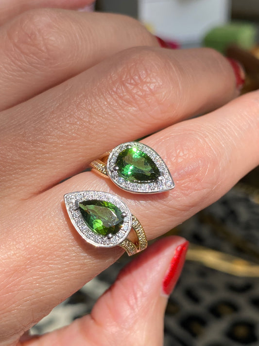 2.60 Carat Green Tourmaline and Diamond Bypass Ring in Platinum and 18ct Yellow Gold