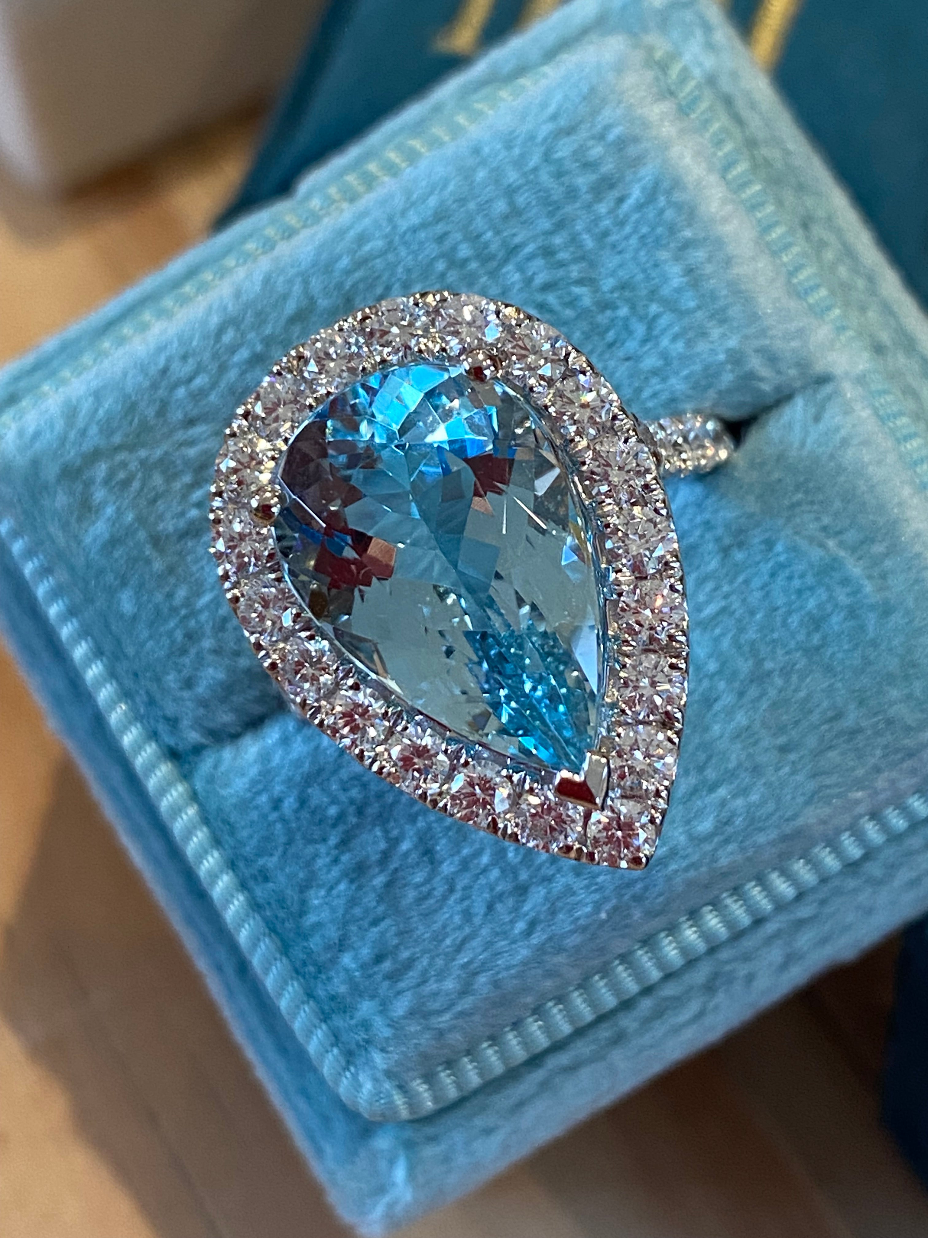 5.36 Carat Pear Cut Aquamarine and 1.38ctw Natural Diamond Ring in Platinum