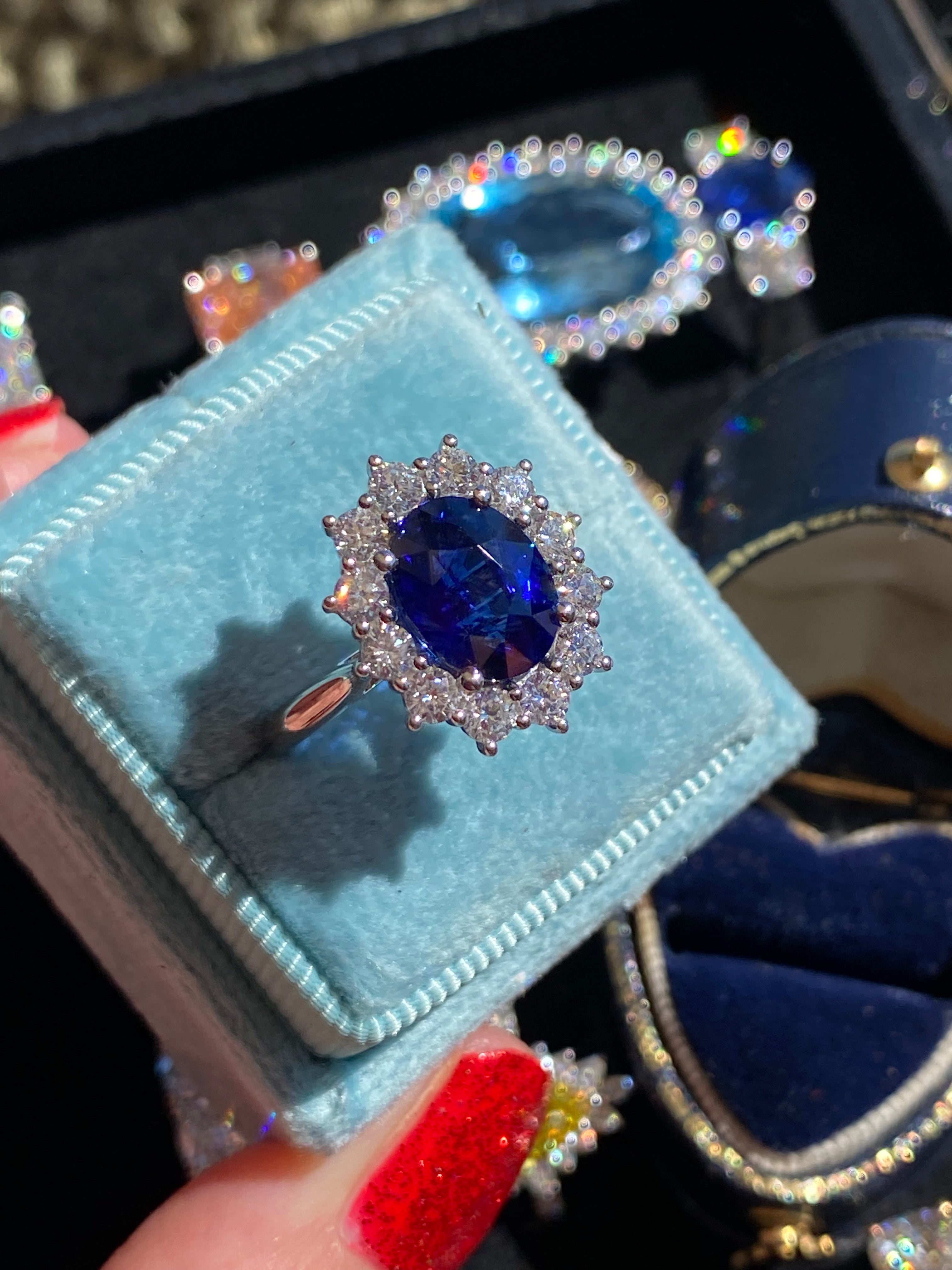 6.37 Carat Gubelin Certed Blue Ceylon Sapphire and 1.80 CTW Natural Diamond Halo Ring in Platinum